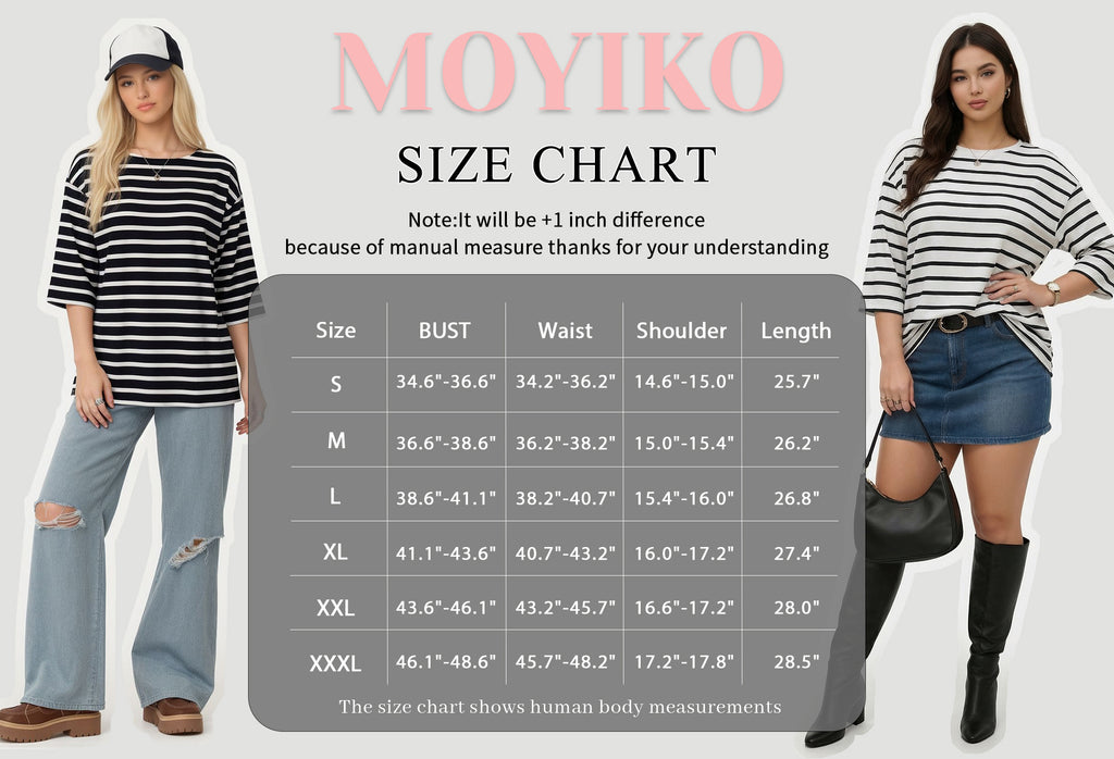 MOYIKO Striped T Shirts for Women 3/4 Length Sleeve Crewneck Casual Loose Fit Tees Summer Tops