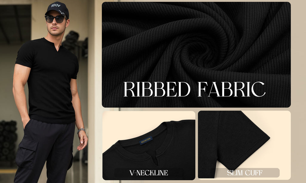 RICHCOIN Mens Muscle Slim T Shirts Texture V Neck Henley Gym Workout Athletic Tee Shirt