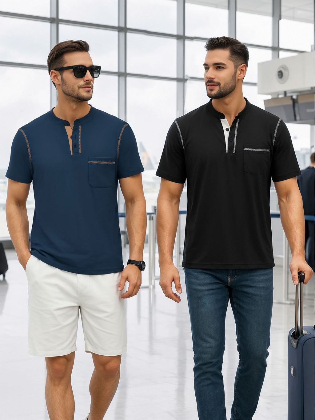 RICHCOIN Henley Men Shirts Short Sleeve T Shirts for Men Summer Tops Classic Pocket Button Casual Color Block Blue Tees