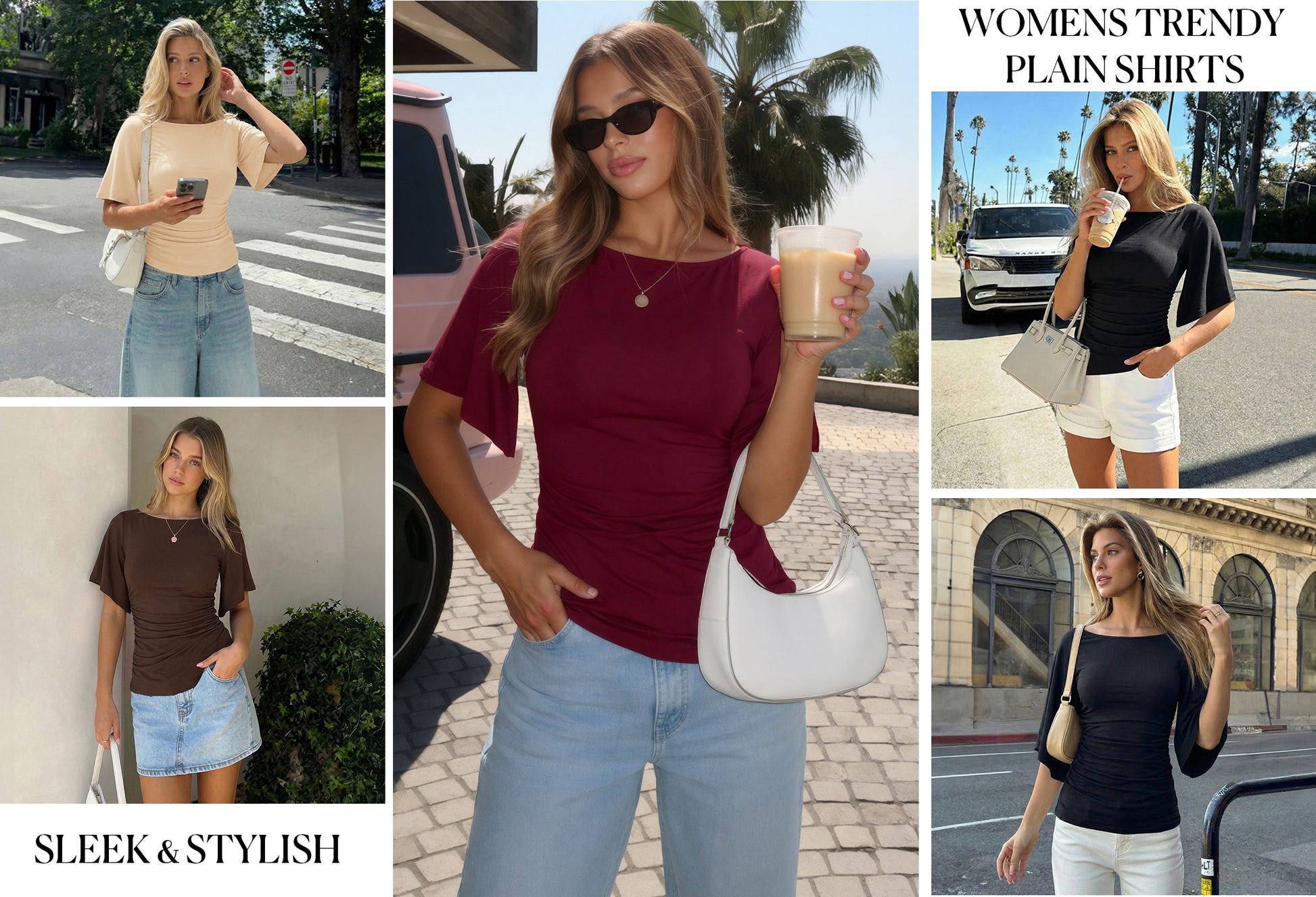 MOYIKO T Shirts for Women Boat Neck 3/4 Flare Sleeve Ruched Fitted Shirts