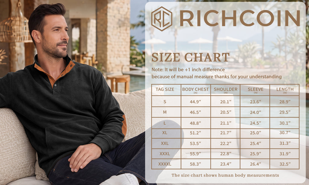 RICHCOIN Mens Corduroy Sweatshirt Long Sleeve Henley Pullover with Elbow Patch Kangaroo Pocket for Fall Winter Casual Wear