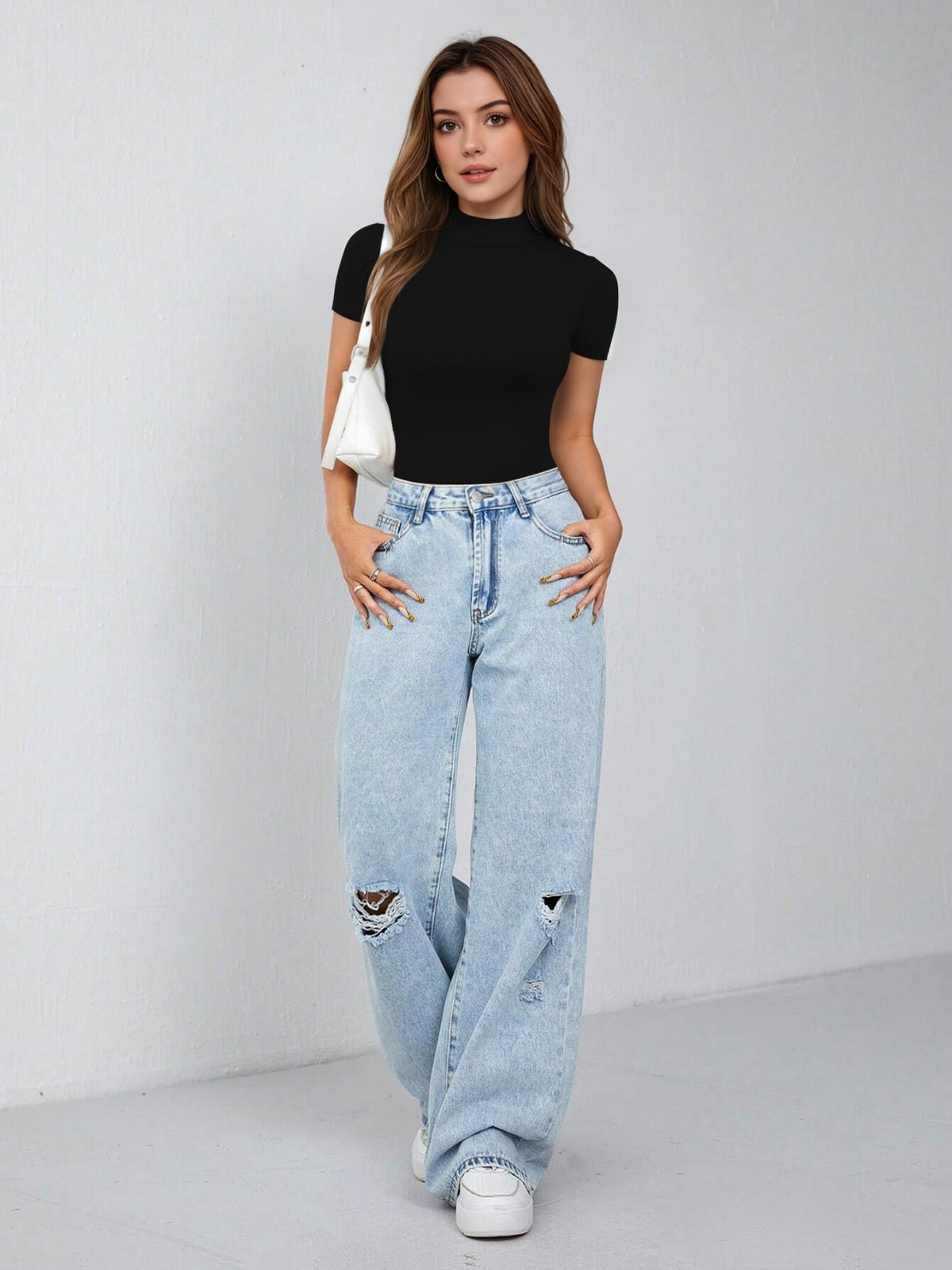 MOYIKO T Shirts for Women Mock Neck Short Sleeve Tops Dressy Casual Slim Fit Mock Turtleneck Tee