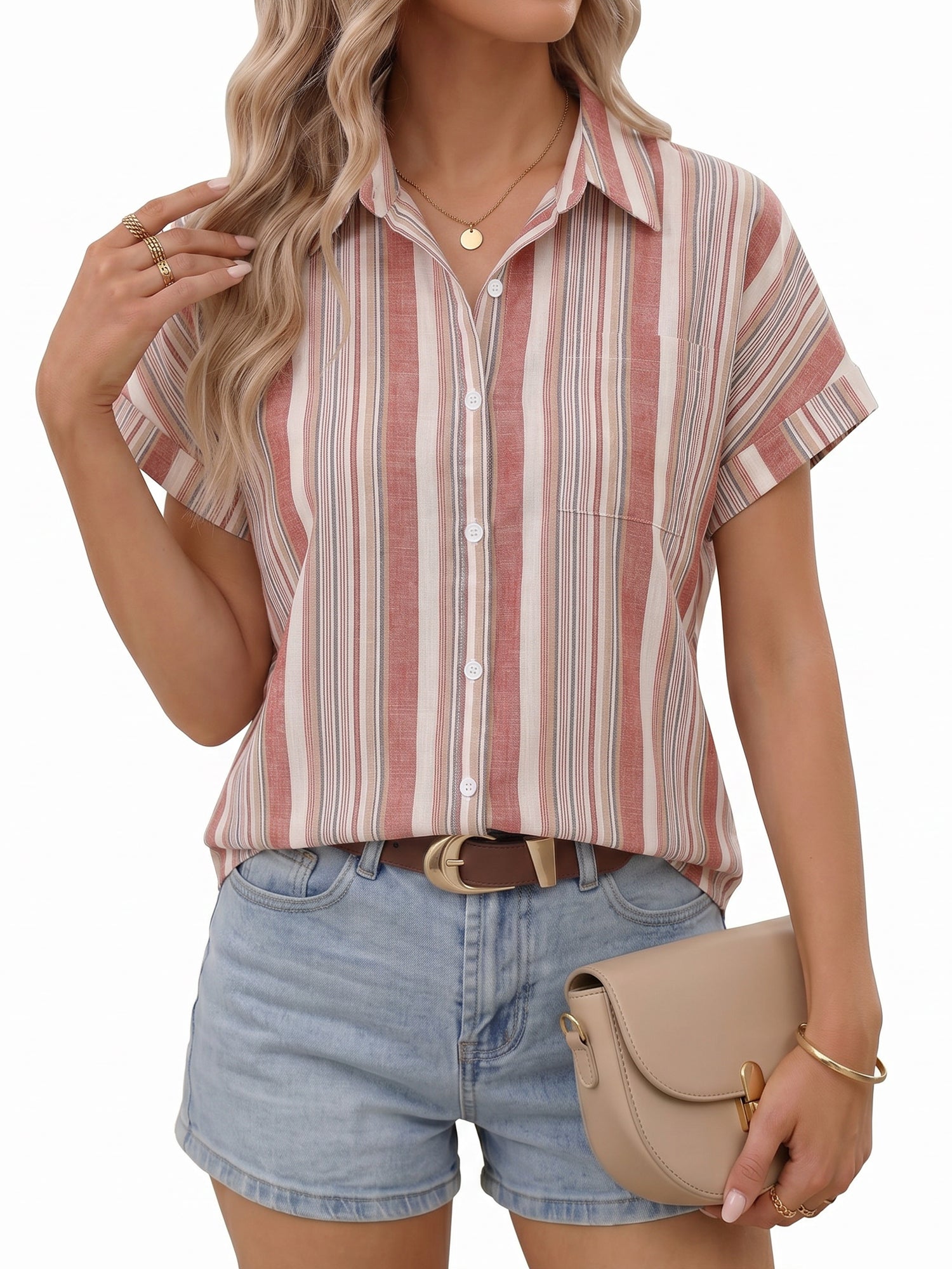 MOYIKO Womens Short Sleeve Striped Shirts Casual Button Down V Neck Work Blouses Tops