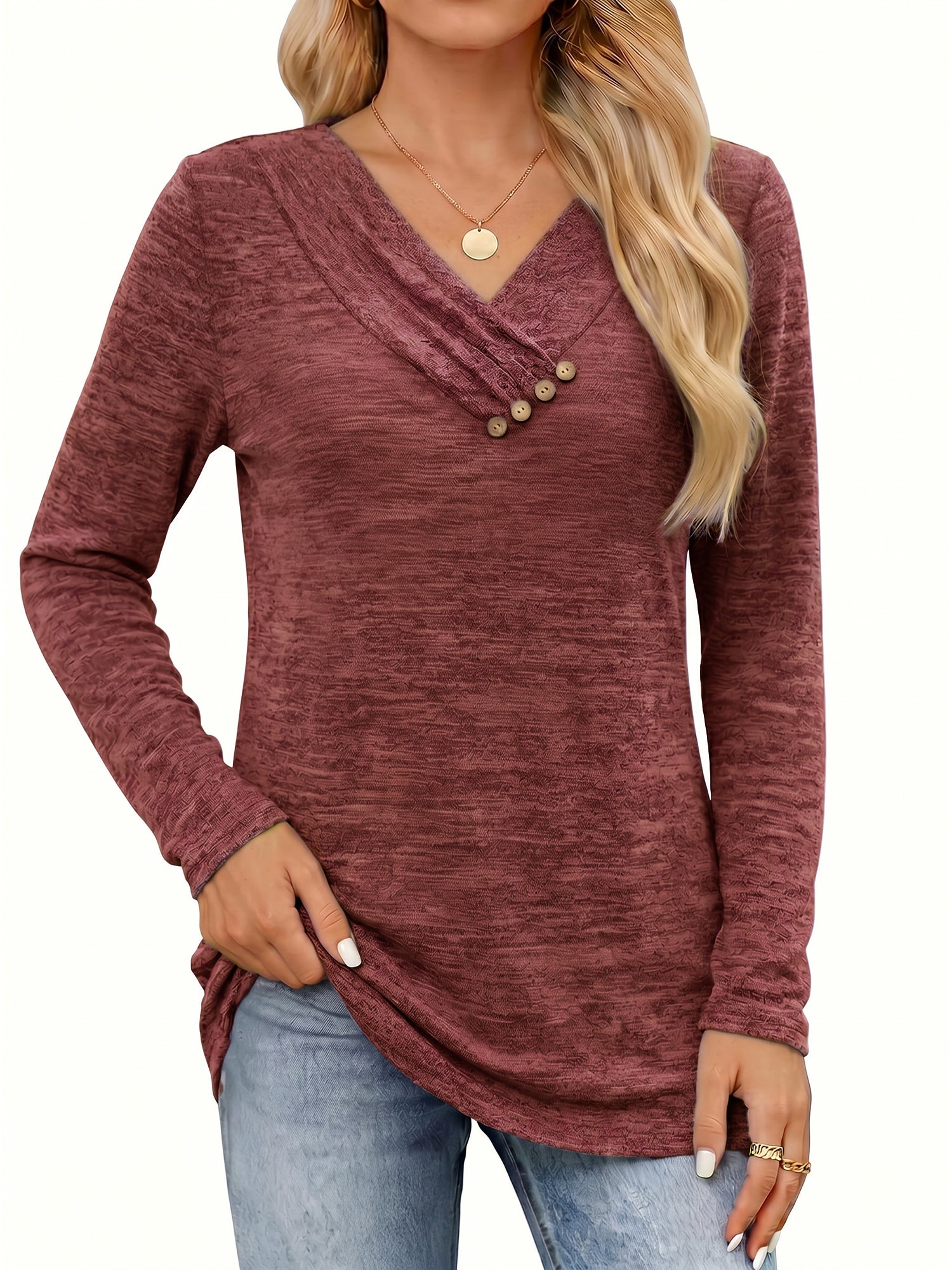 MOYIKO V Neck Blouses for Women Dressy Casual Tops Button Long Sleeve Tee Shirts Fall Top