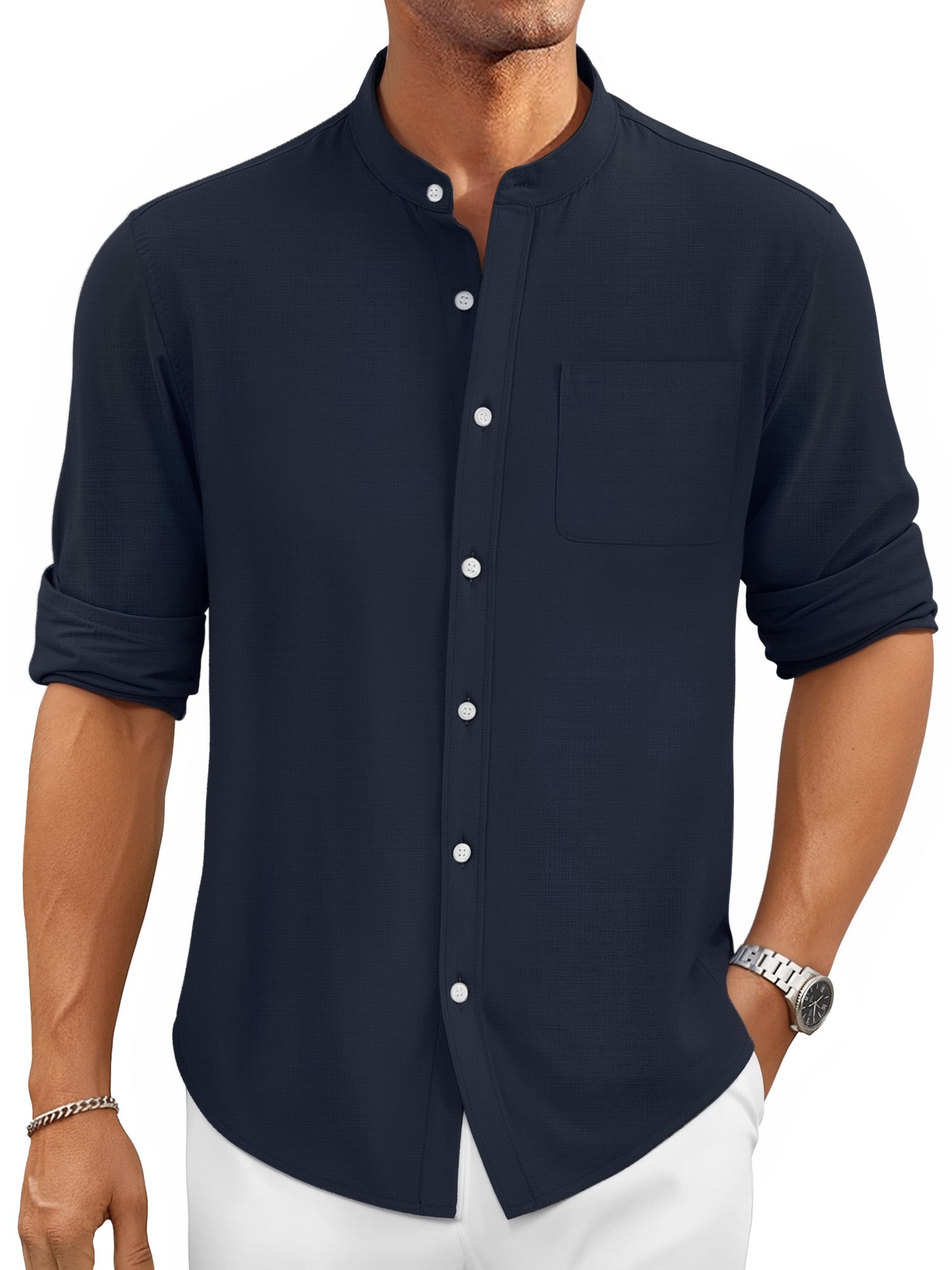 OALUXE Men's Linen Shirts Long Sleeve Button Down Shirt Band Collar Casual Summer Beach Shirts