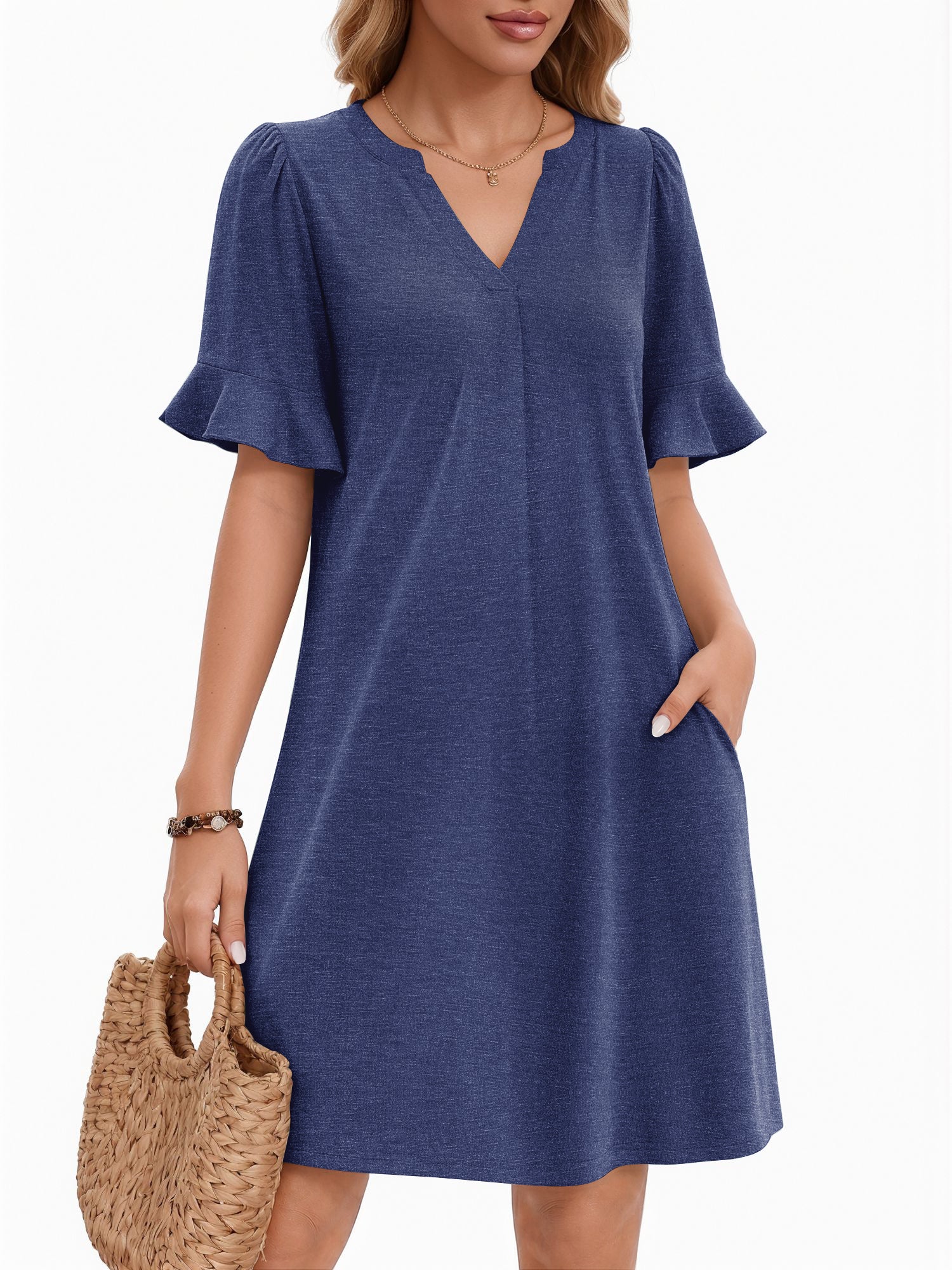 MOYIKO Summer Dresses for Women V Neck Sundress Short Ruffle Sleeve Shift Dress Casual Beach Dress with Pockets