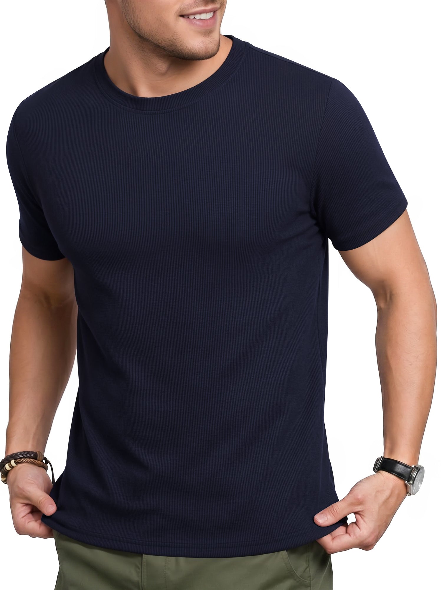RICHCOIN Men Ribbed Summer Top Short Sleeve Crewneck Basic T-shirt White Casual Solid Color Muscle Tee Shirts
