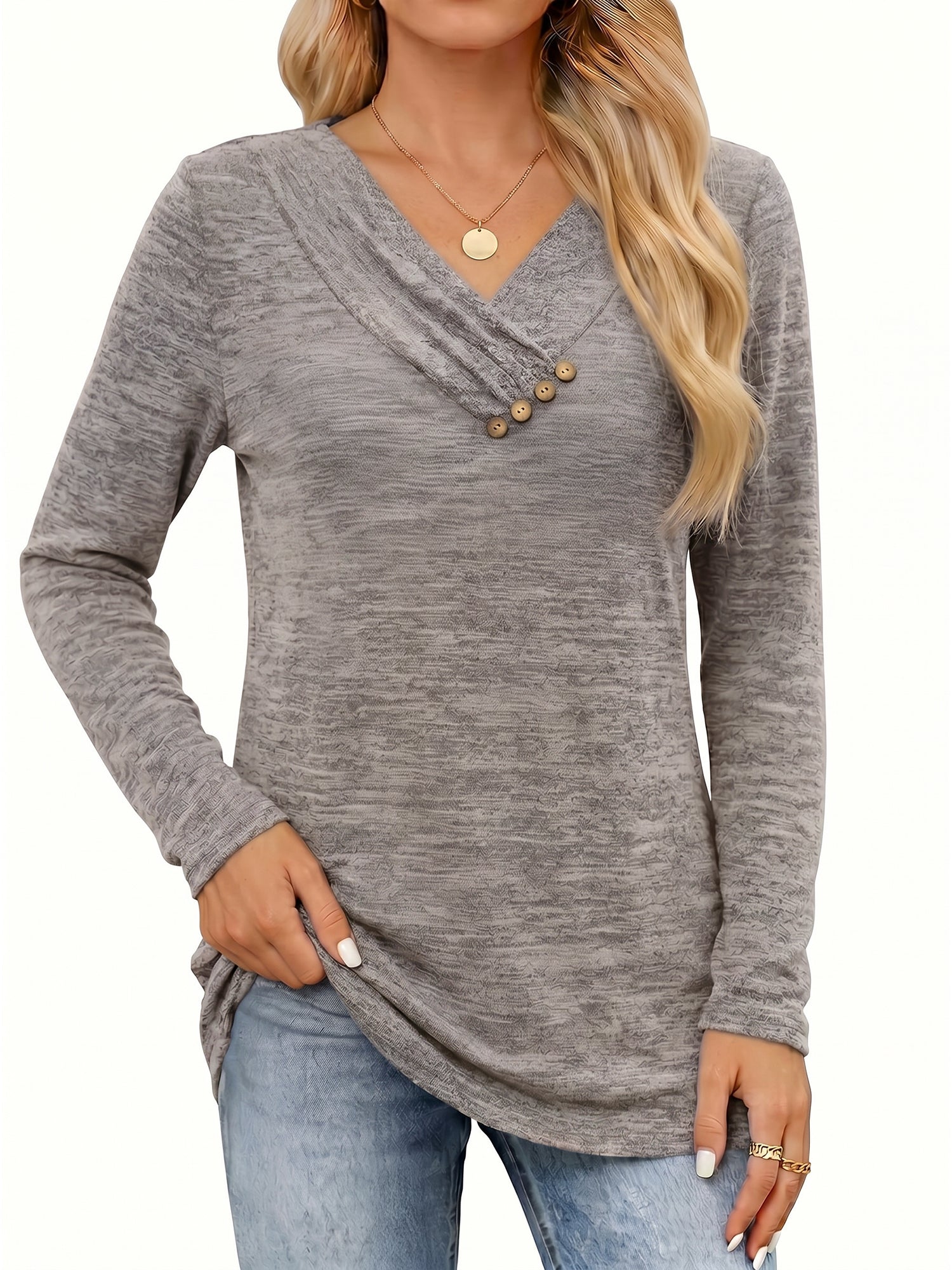 MOYIKO V Neck Blouses for Women Dressy Casual Tops Button Long Sleeve Tee Shirts Fall Top