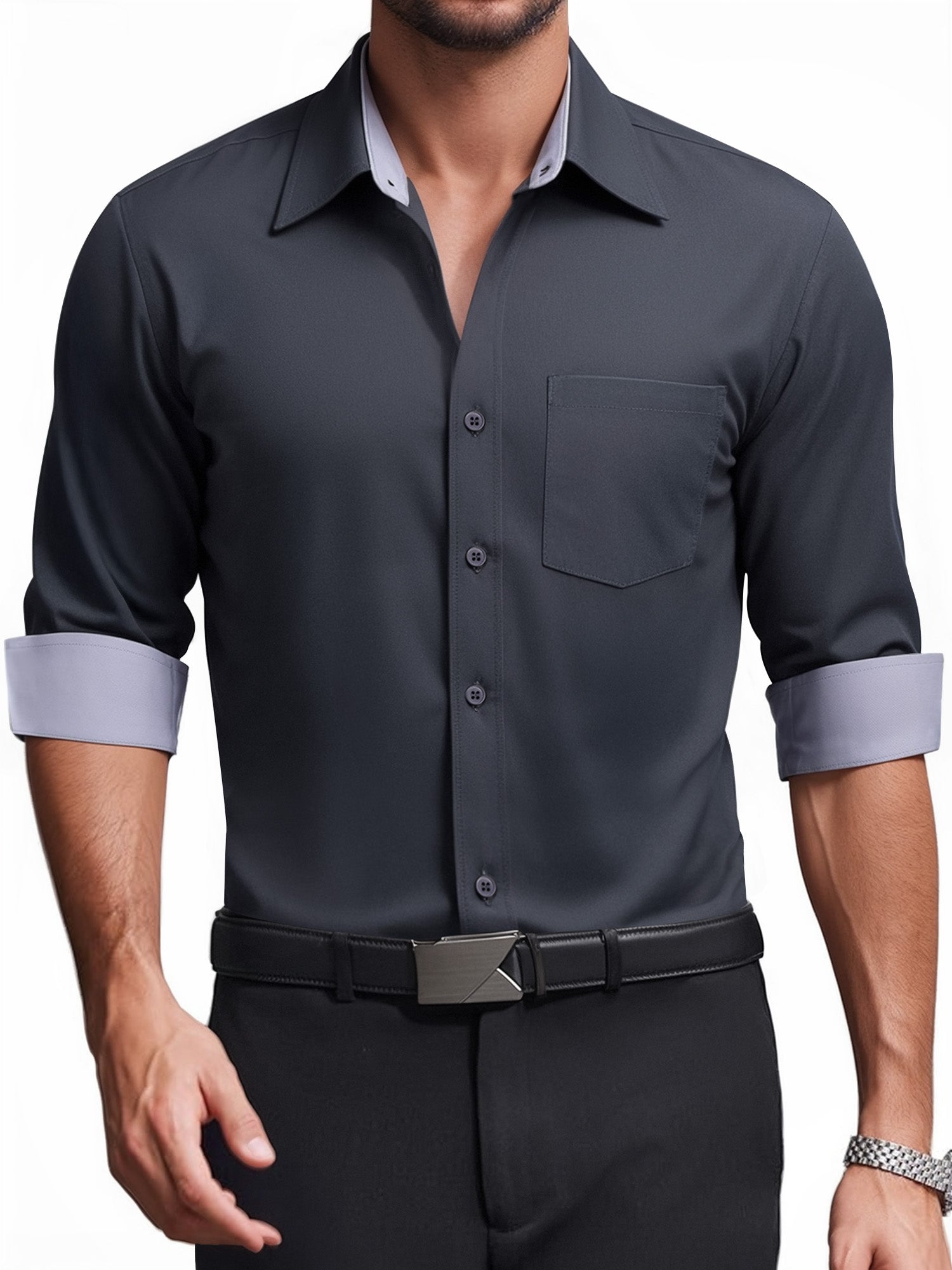 OALUXE Mens Dress Shirts Formal Long Sleeve Button Down Business Contrast Shirt with Pocket