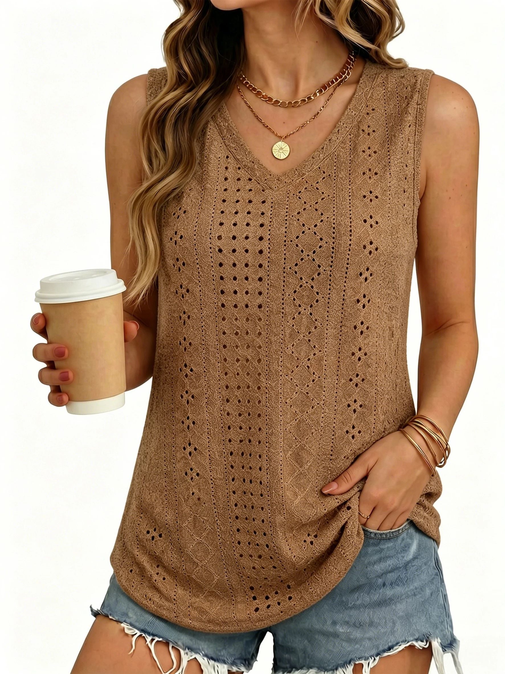MOYIKO Tank Tops for Women Eyelet V Neck Trendy Sleeveless Tops Dressy Casual Flowy Summer Shirts Loose Fit