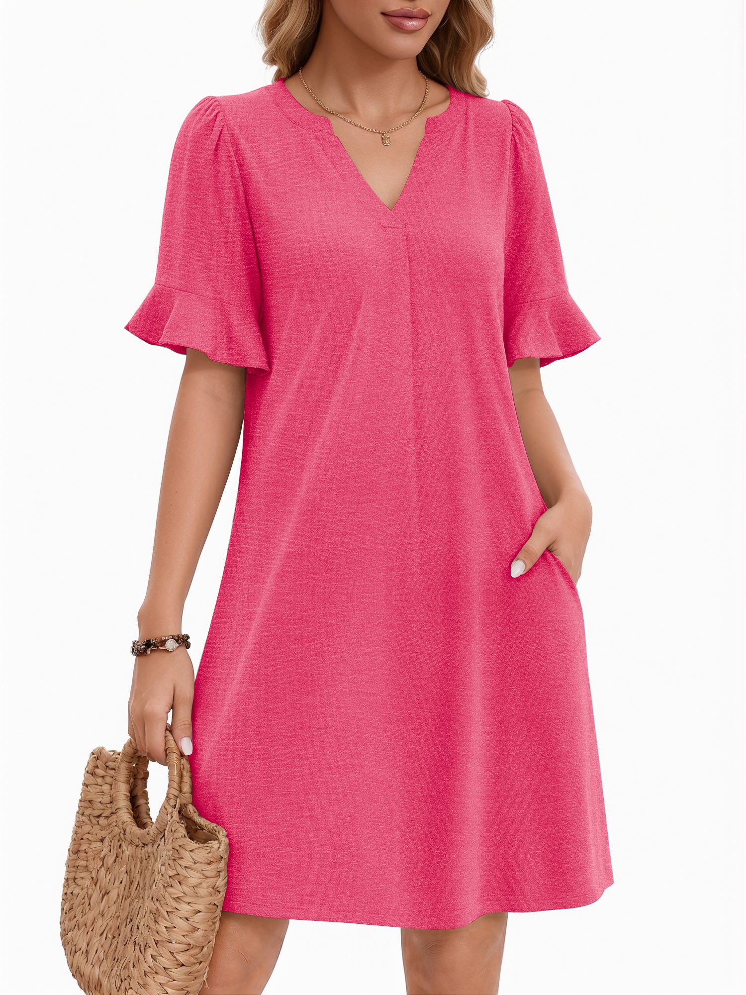 MOYIKO Summer Dresses for Women V Neck Sundress Short Ruffle Sleeve Shift Dress Casual Beach Dress with Pockets