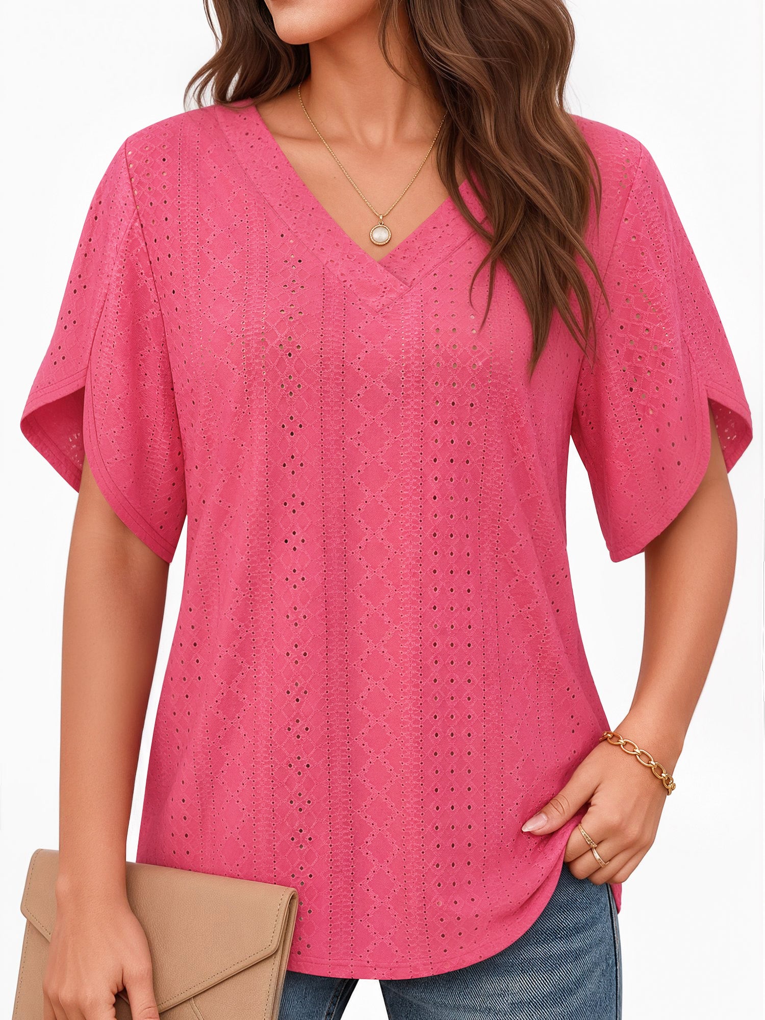MOYIKO Eyelet Blouses for Women Dressy Casual V Neck Short Sleeve T Shirts Summer Trendy Basic Tees Tunic Tops Loose Fit