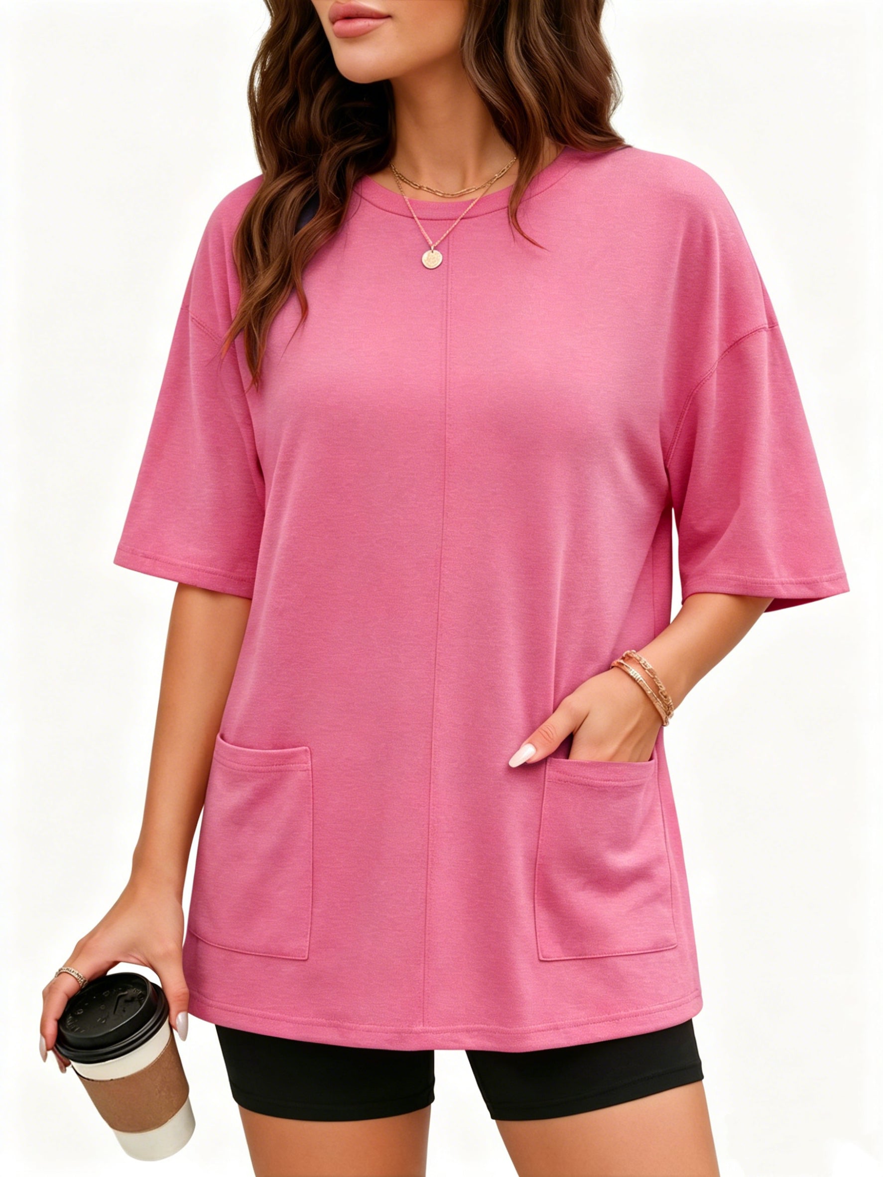 MOYIKO Oversized T Shirts for Women Half Sleeve Crewneck Loose Fit Tees Summer Tops with Pockets
