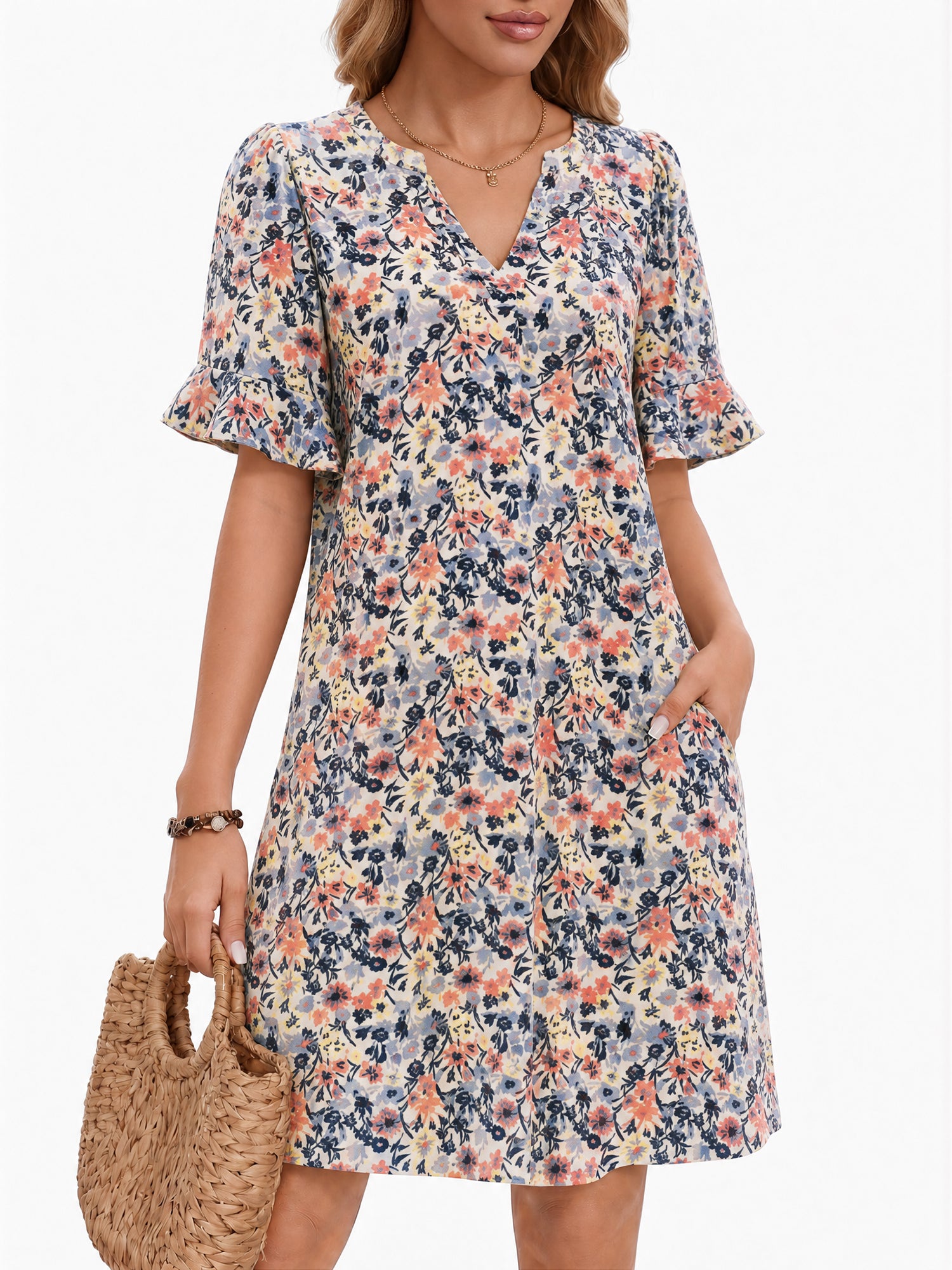 MOYIKO Summer Dresses for Women V Neck Sundress Short Ruffle Sleeve Shift Dress Casual Beach Dress with Pockets