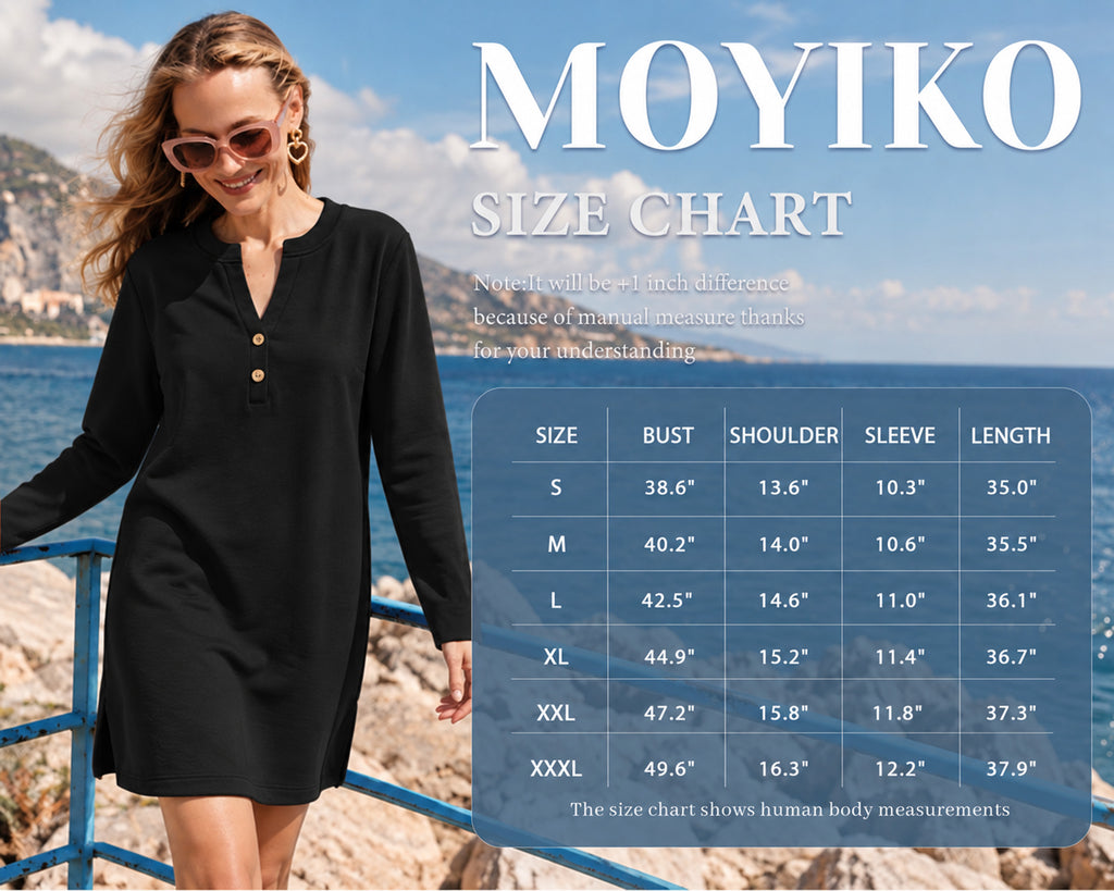 MOYIKO Women's Henley Long Sleeve T-Shirt Dress V Neck Button Down Shift Dress Casual Loose Fit for Going Out Daily Wear