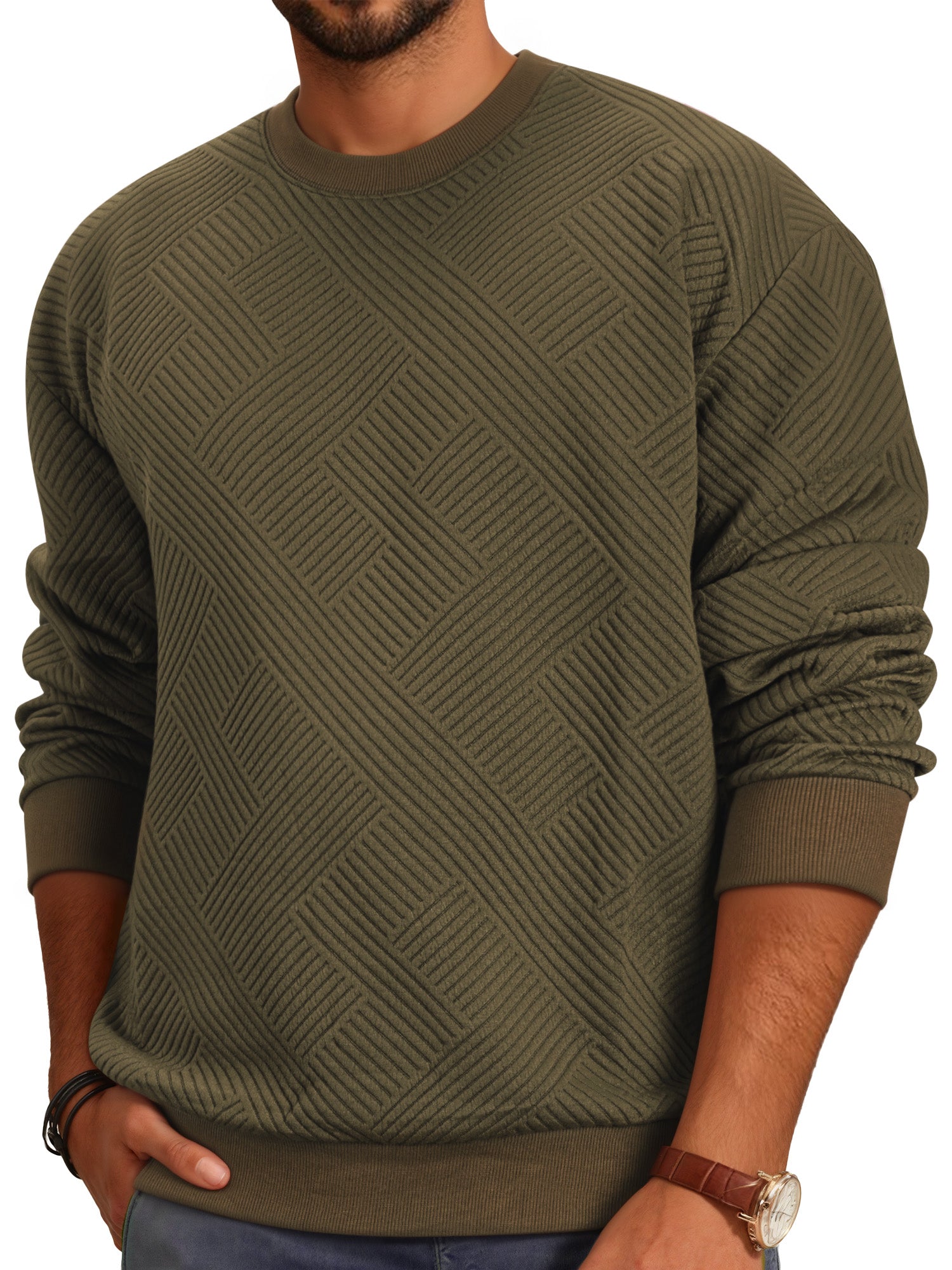 OALUXE Sweatshirts for Men Geometric Texture Pullover Long Sleeve Shirts Crewneck Casual Tops