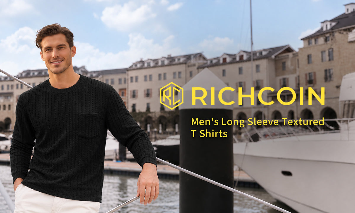 RICHCOIN Men's Crewneck T-Shirts Long Sleeve Shirts for Men Ribbed Knit Textured Solid Casual Pocket Basic Tee Tops