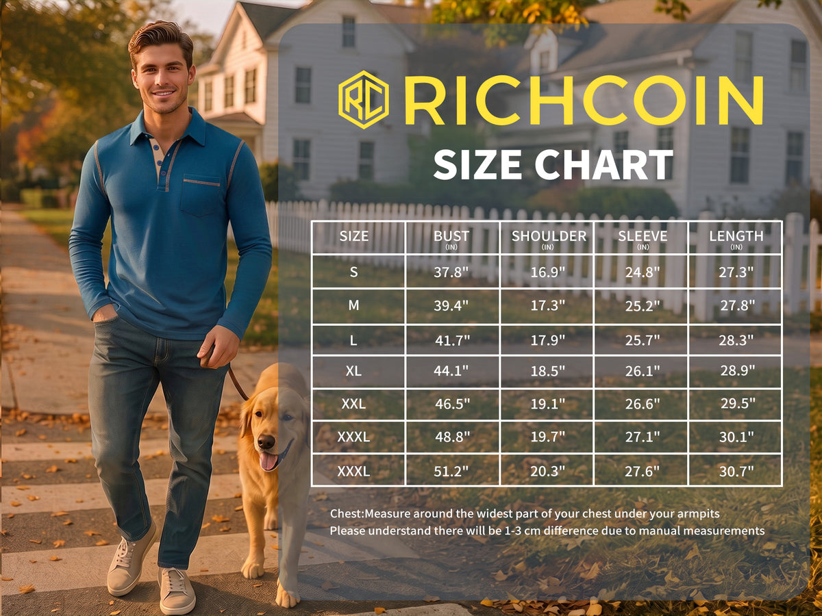 RICHCOIN Polo Shirts for Men Long Sleeve Golf Shirts Casual Button Knit Collared T Shirt Tops