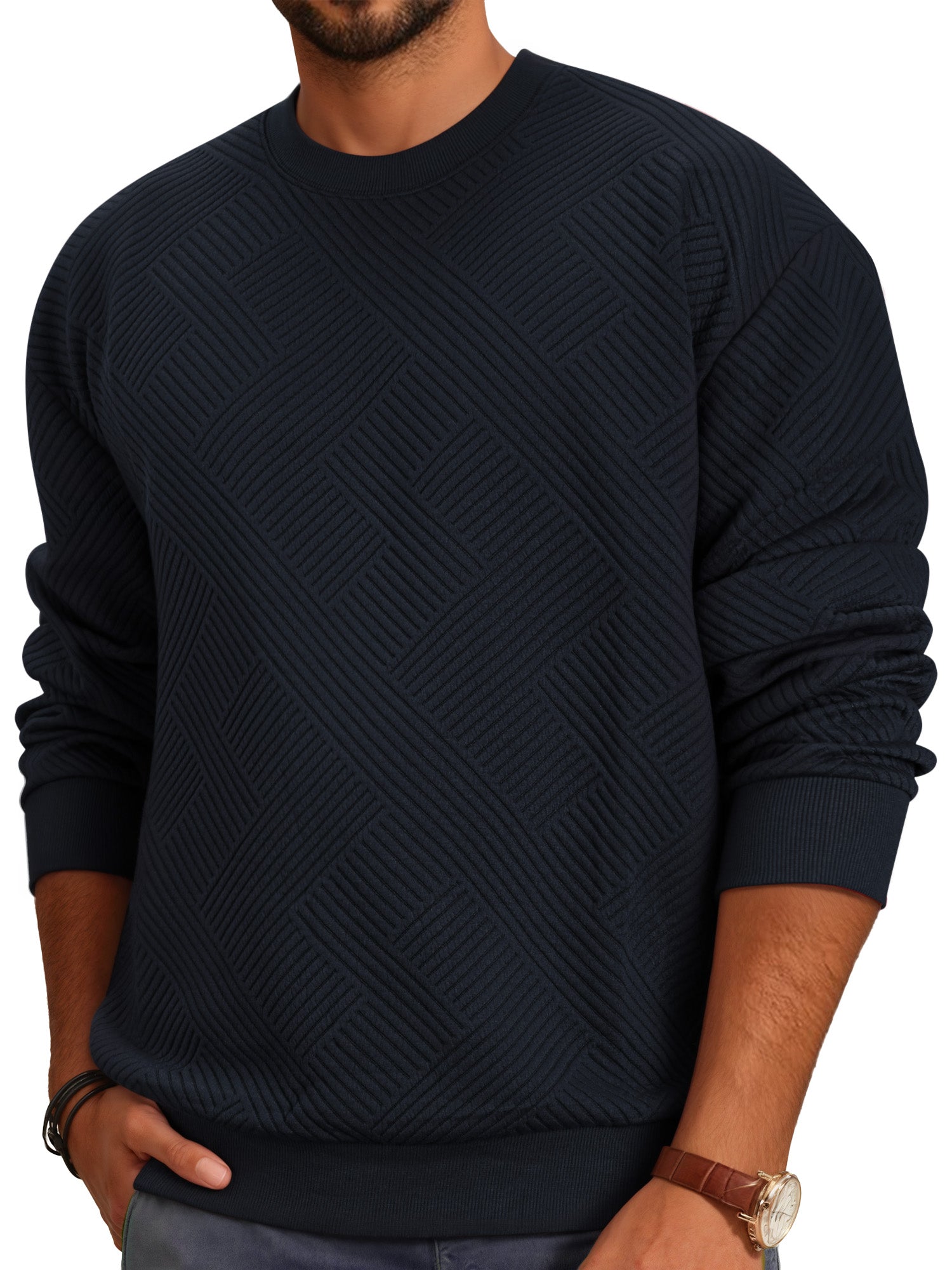 OALUXE Sweatshirts for Men Geometric Texture Pullover Long Sleeve Shirts Crewneck Casual Tops
