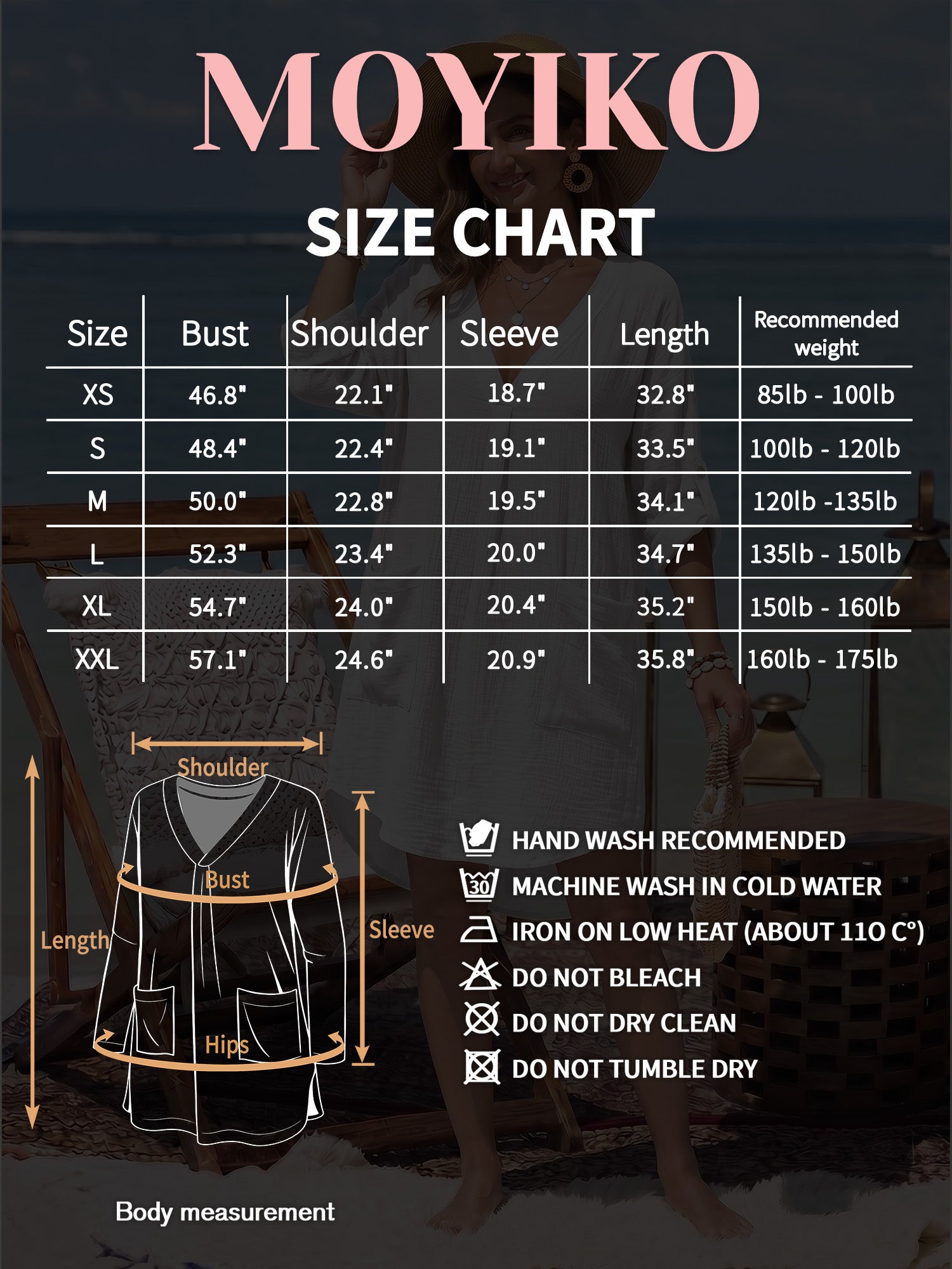 MOYIKO Women Swimsuit Cover up Shirt V Neck long 3/4 sleeve Bathing Suit Cover Summer Beachwear Sun Protection Blouse