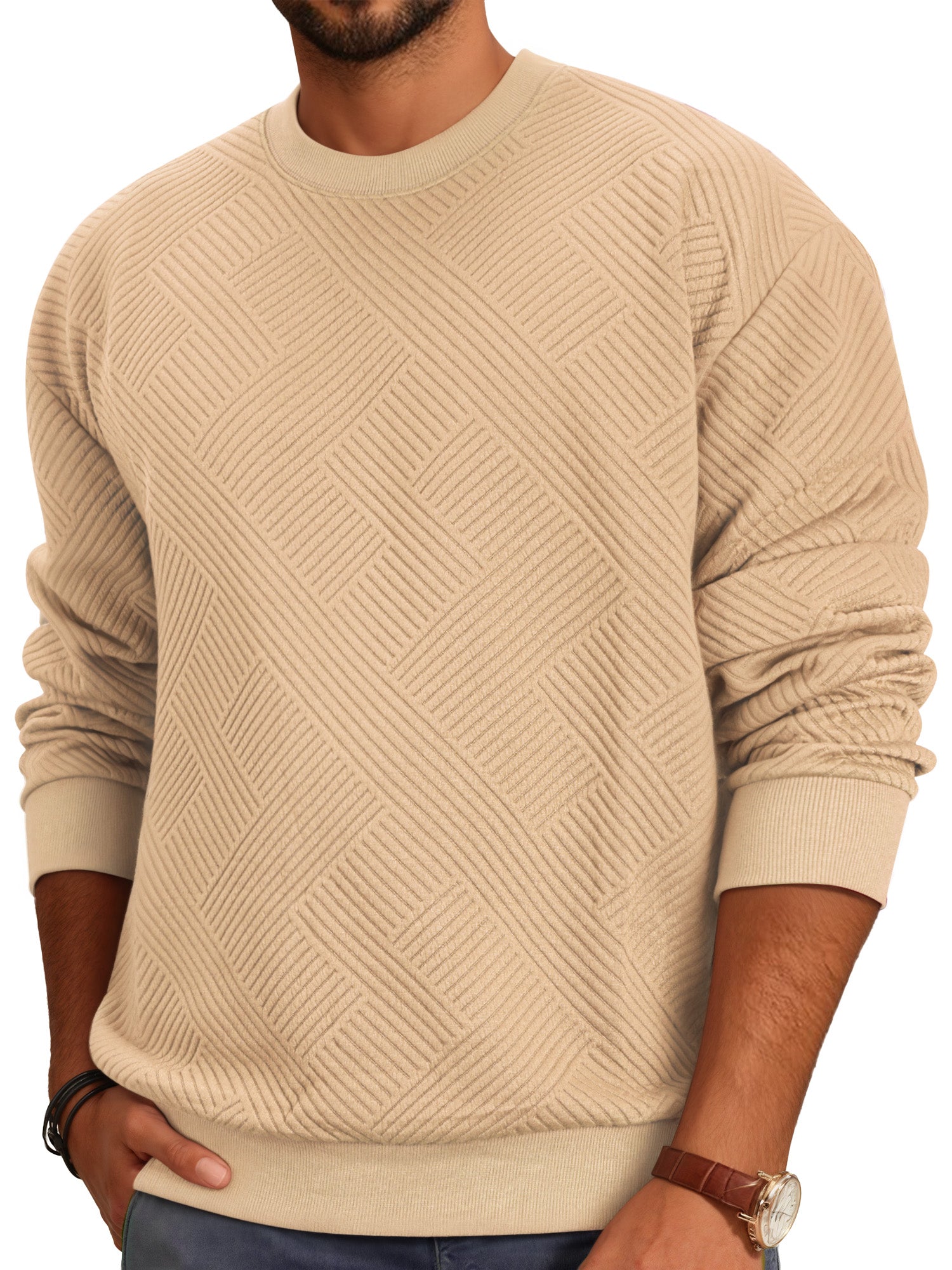 OALUXE Sweatshirts for Men Geometric Texture Pullover Long Sleeve Shirts Crewneck Casual Tops