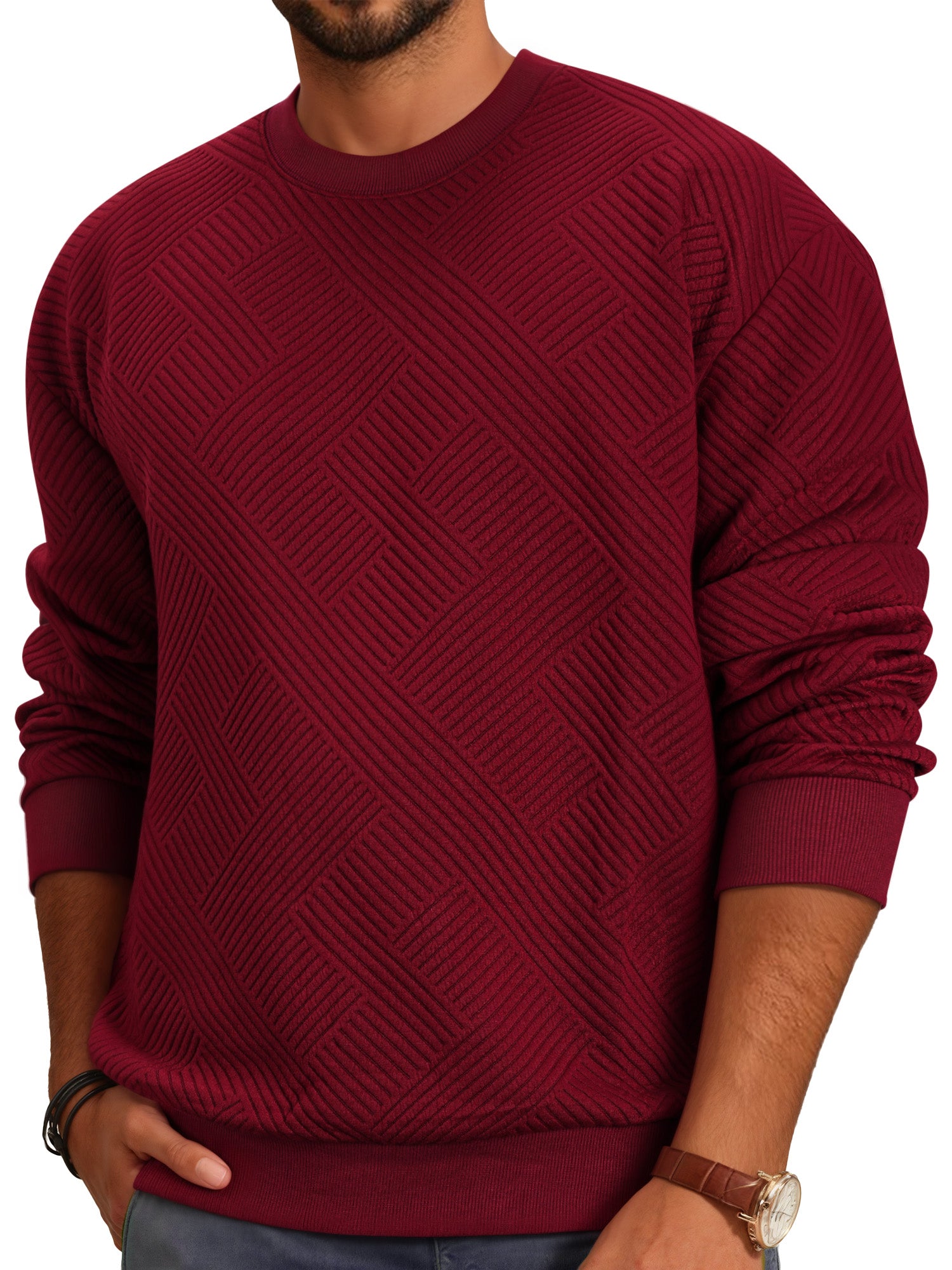 OALUXE Sweatshirts for Men Geometric Texture Pullover Long Sleeve Shirts Crewneck Casual Tops