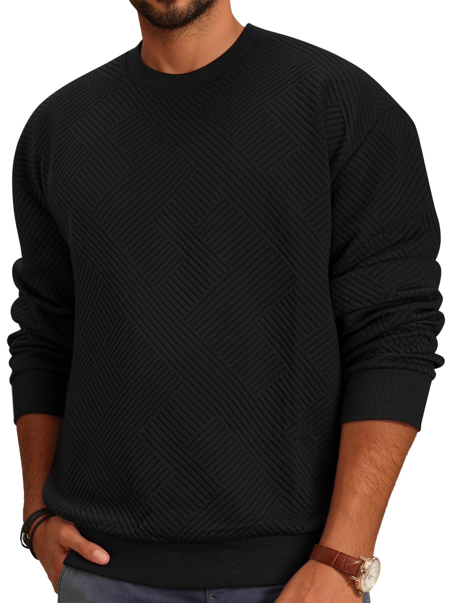 OALUXE Sweatshirts for Men Geometric Texture Pullover Long Sleeve Shirts Crewneck Casual Tops