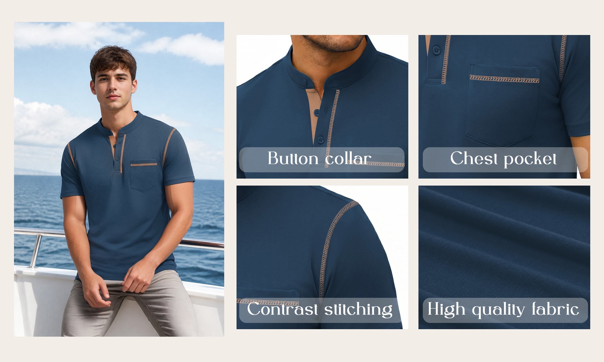 RICHCOIN Henley Men Shirts Short Sleeve T Shirts for Men Summer Tops Classic Pocket Button Casual Color Block Blue Tees