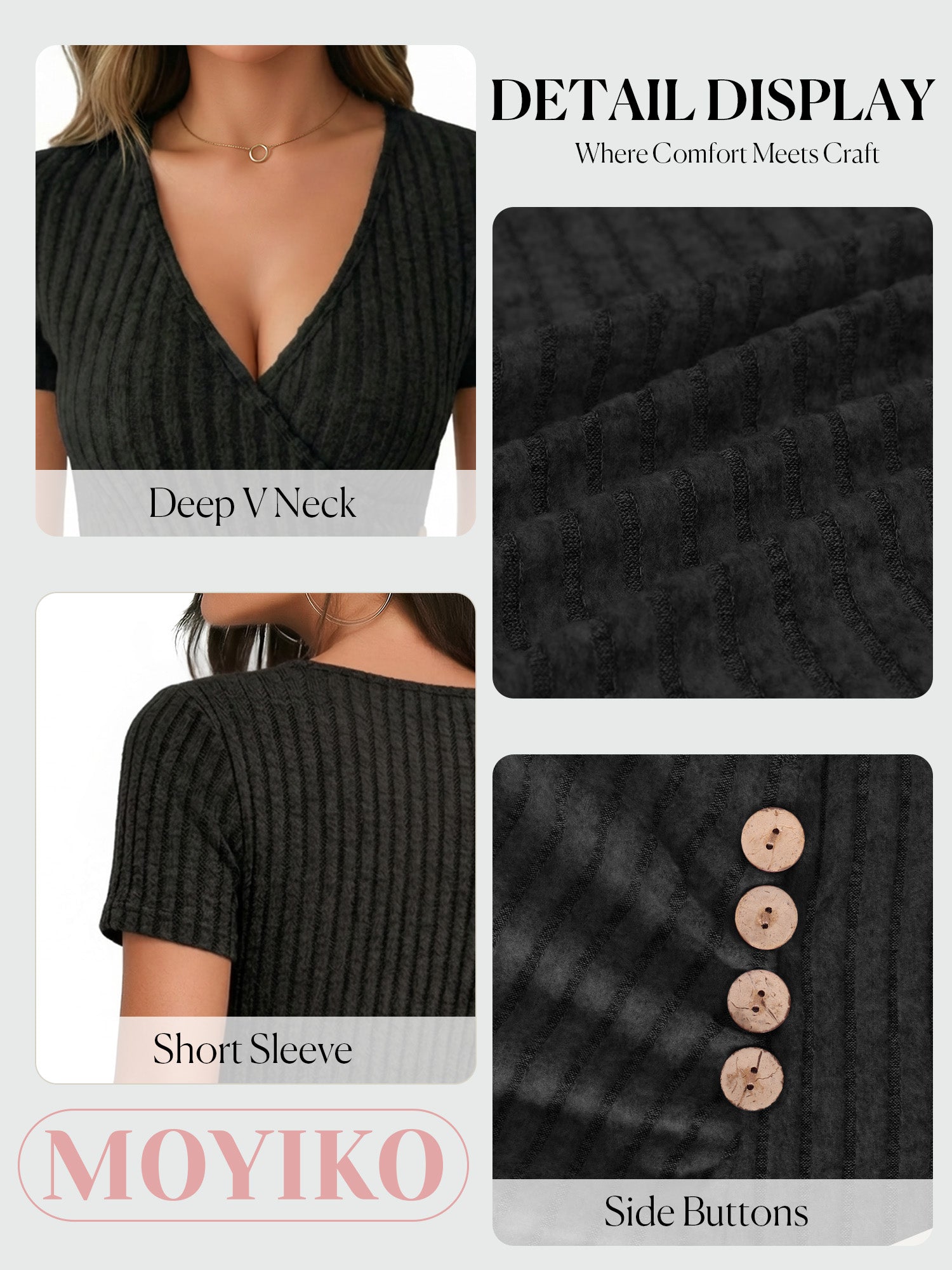 MOYIKO Womens Short Sleeve Summer Tops Trendy V Neck T Shirts Ribbed Knit Slim Fitted Dressy Casual Tees