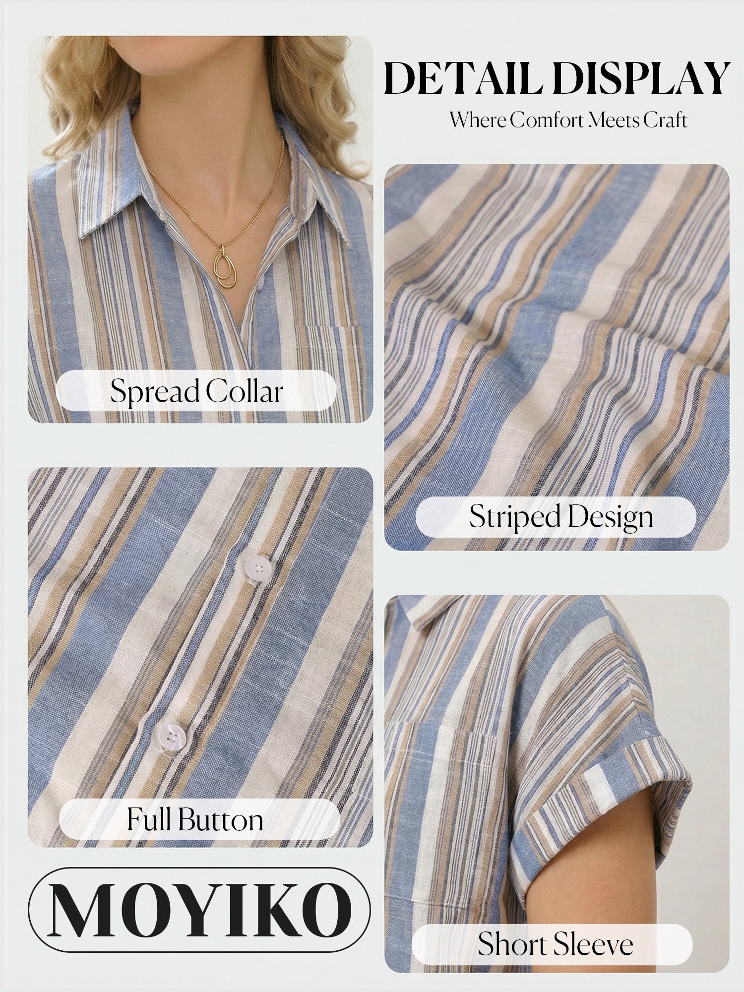 MOYIKO Womens Short Sleeve Striped Shirts Casual Button Down V Neck Work Blouses Tops