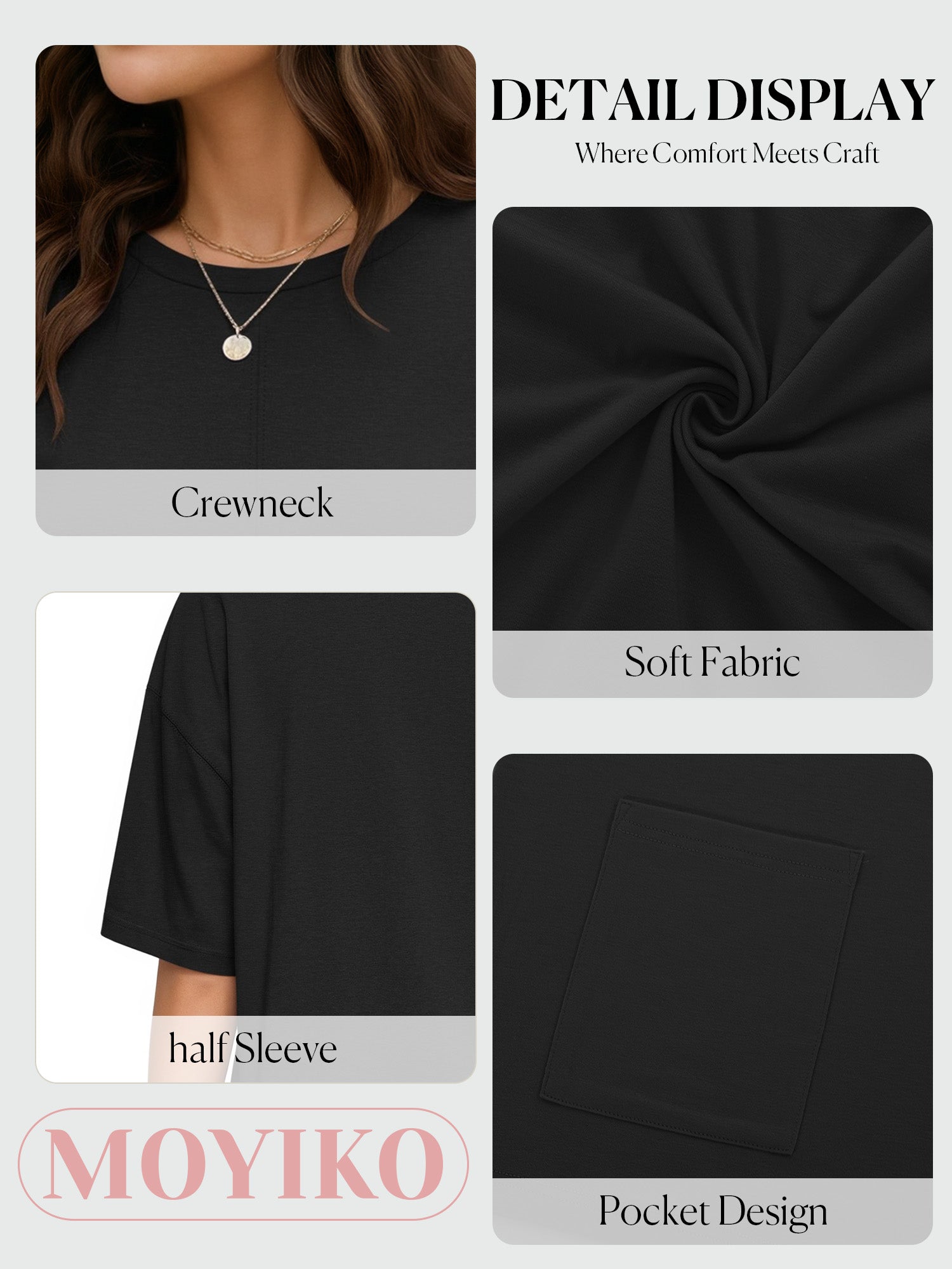 MOYIKO Oversized T Shirts for Women Half Sleeve Crewneck Loose Fit Tees Summer Tops with Pockets