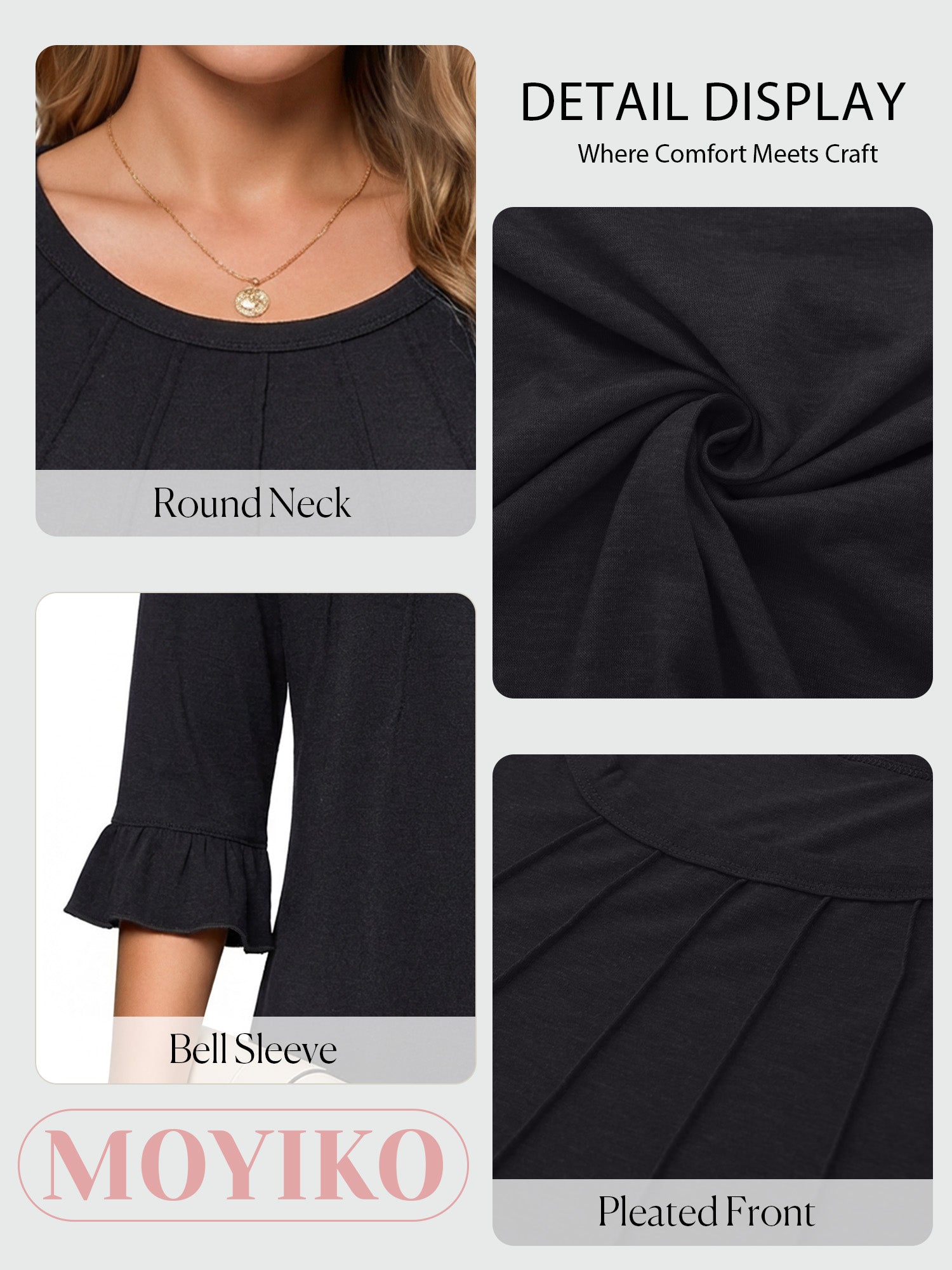 MOYIKO Pleated Blouses for Women 3/4 Length Bell Sleeve T Shirts Dressy Casual Round Neck Summer Tops
