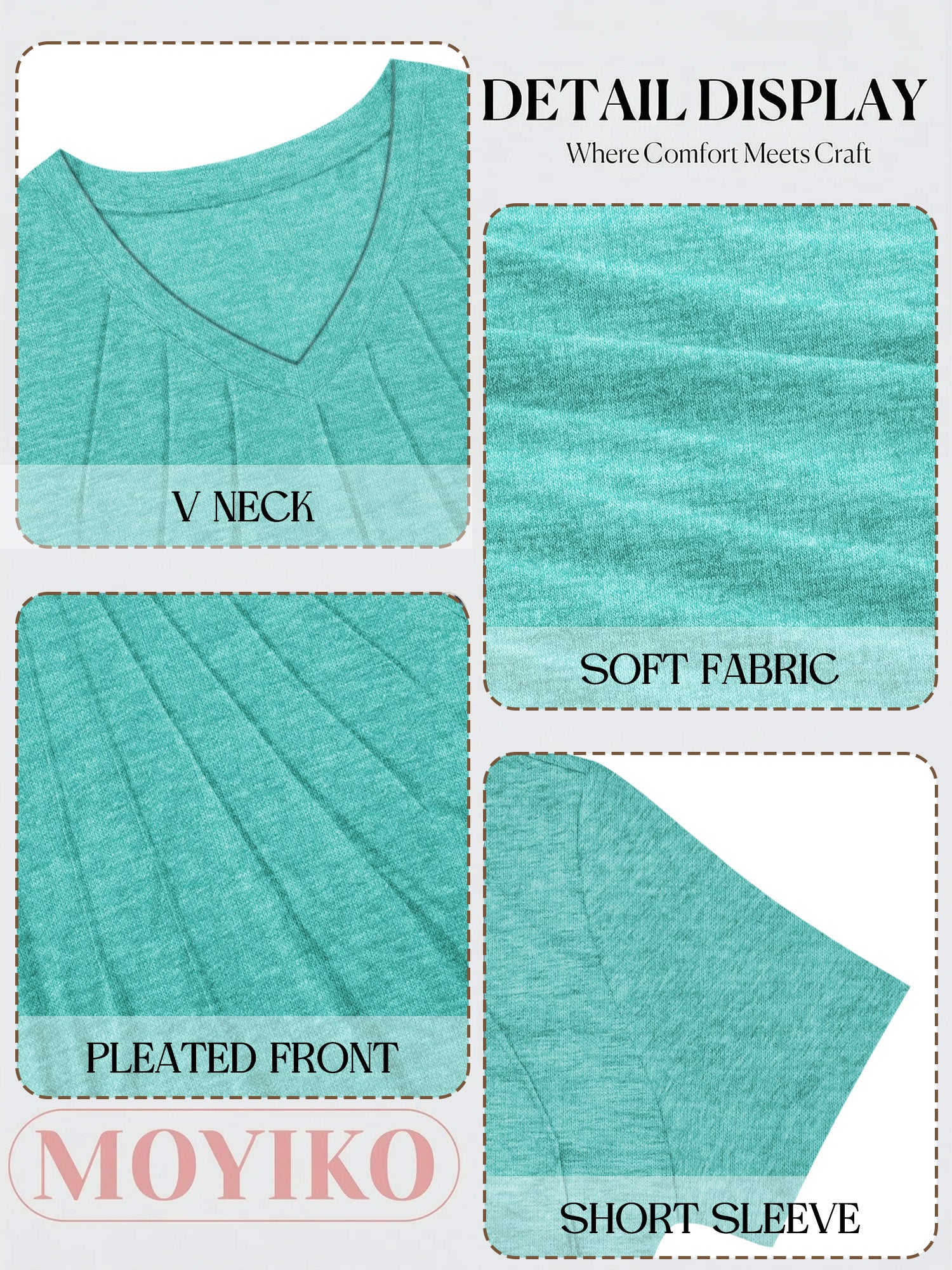 MOYIKO Blouses for Women Short Sleeve Shirts Dressy Casual V Neck Tunic Tops with Pleats