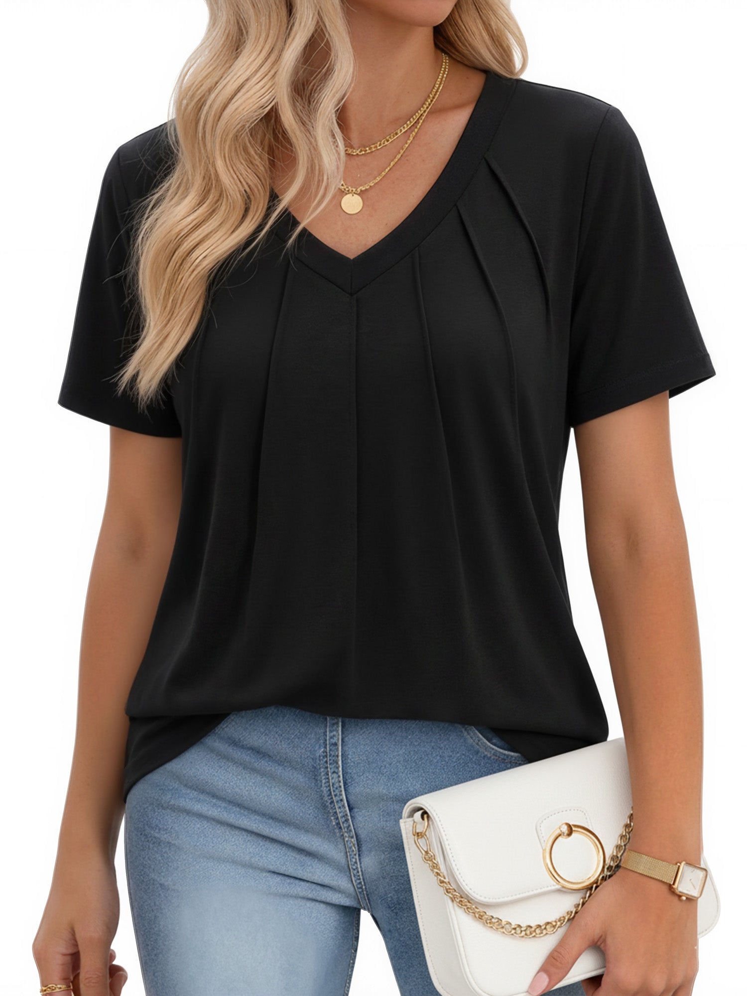 MOYIKO Blouses for Women Short Sleeve Shirts Dressy Casual V Neck Tunic Tops with Pleats