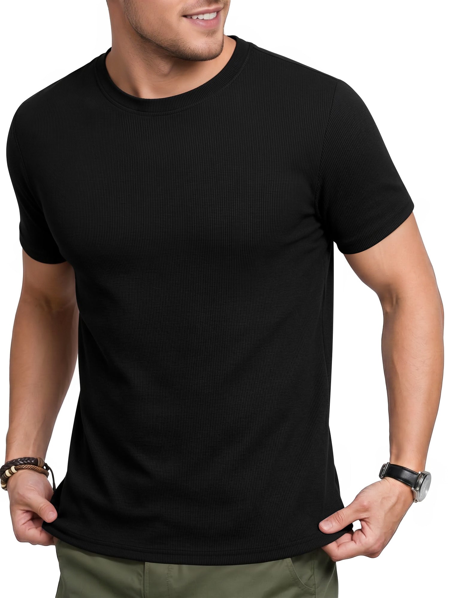 RICHCOIN Men Ribbed Summer Top Short Sleeve Crewneck Basic T-shirt White Casual Solid Color Muscle Tee Shirts