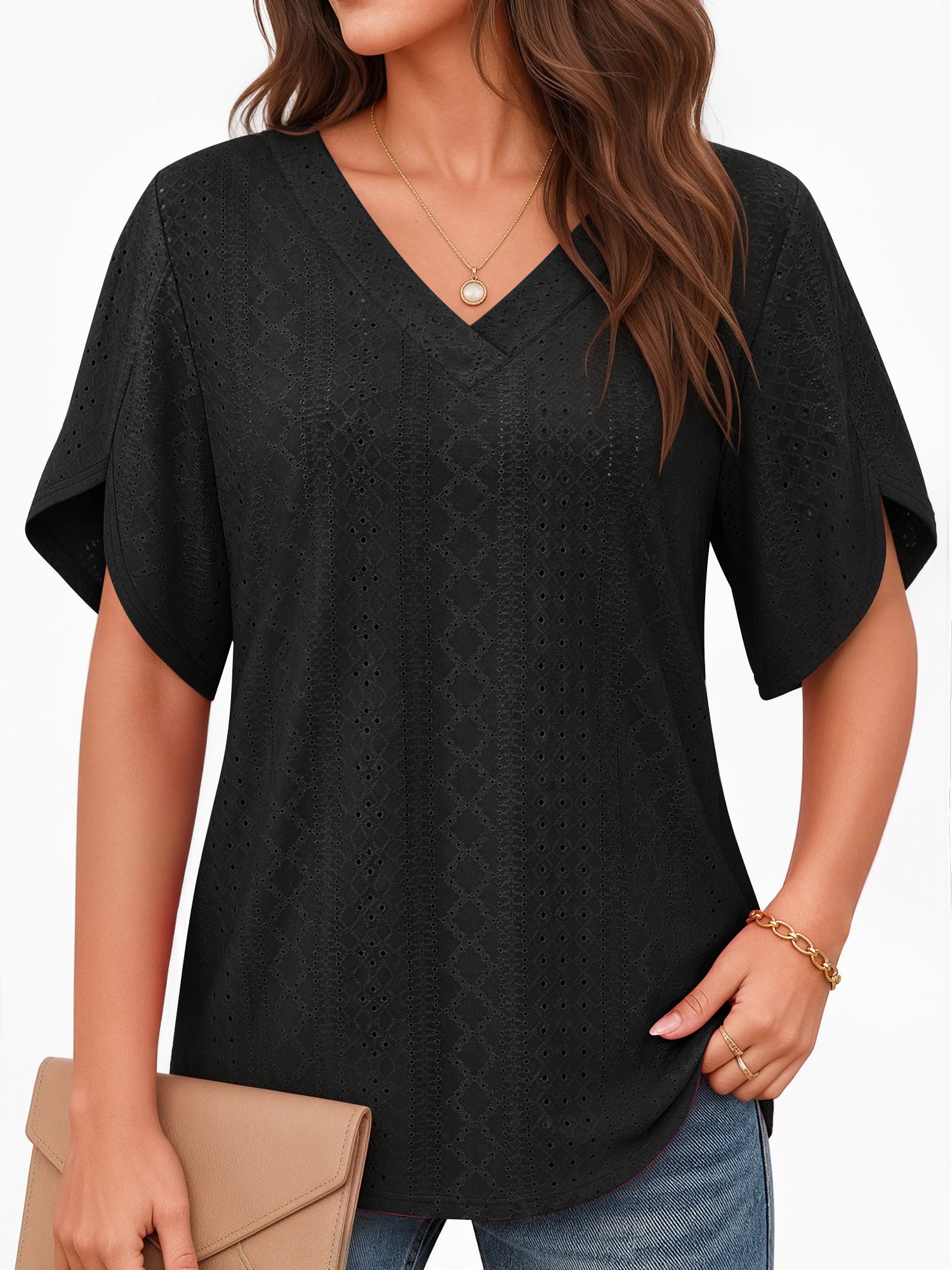 MOYIKO Eyelet Blouses for Women Dressy Casual V Neck Short Sleeve T Shirts Summer Trendy Basic Tees Tunic Tops Loose Fit