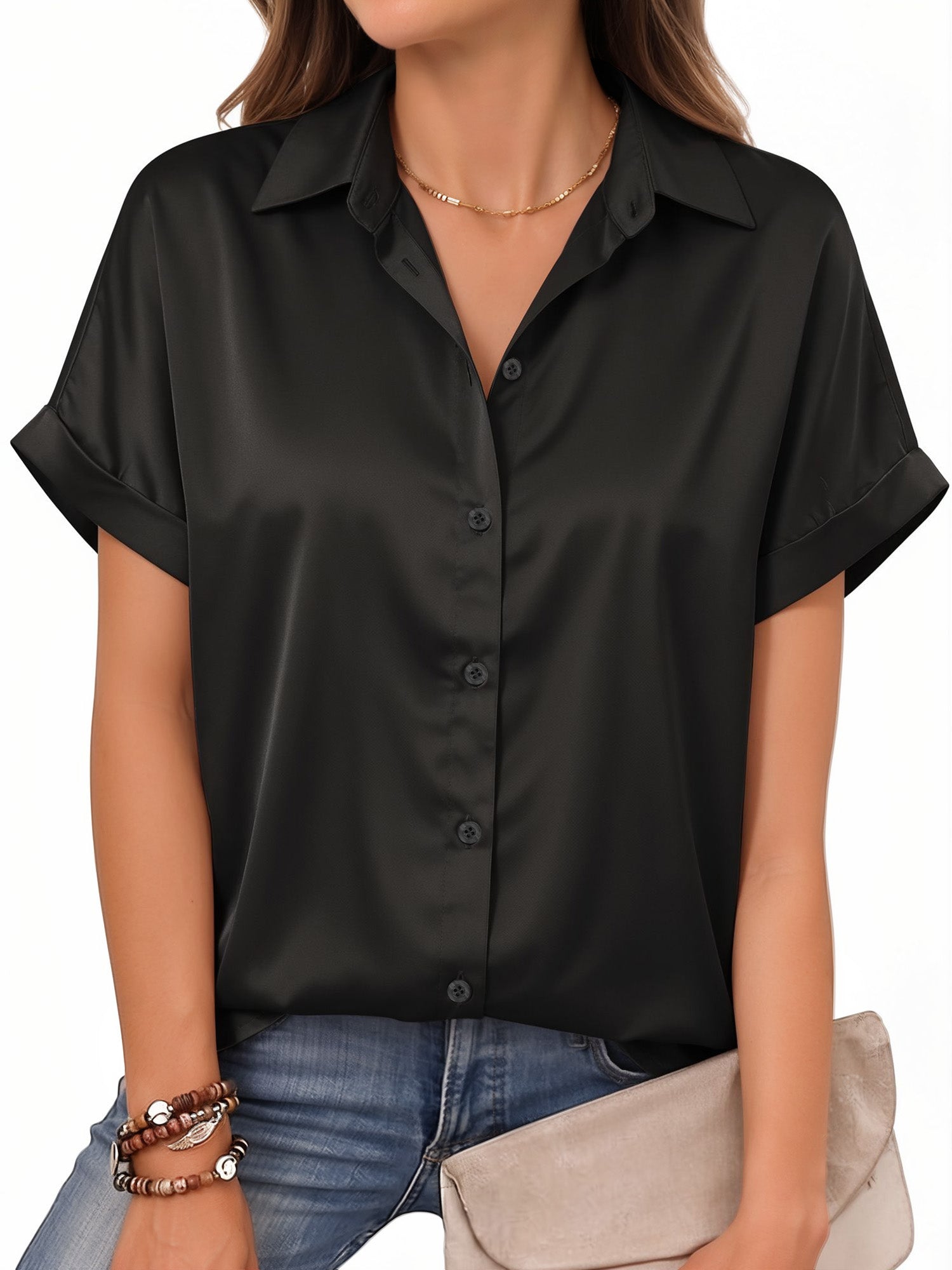 MOYIKO Women Button Blouse Satin Shirts Short Rolled Sleeve V Neck Summer Top Work Office Shirt
