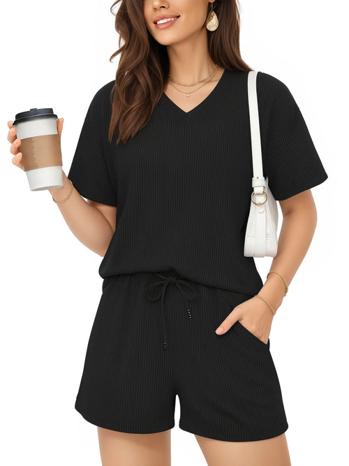MOYIKO 2 Piece Oufits for Women Lounge Set Short Sleeve Shirts Matching High Waisted Shorts with Pockets