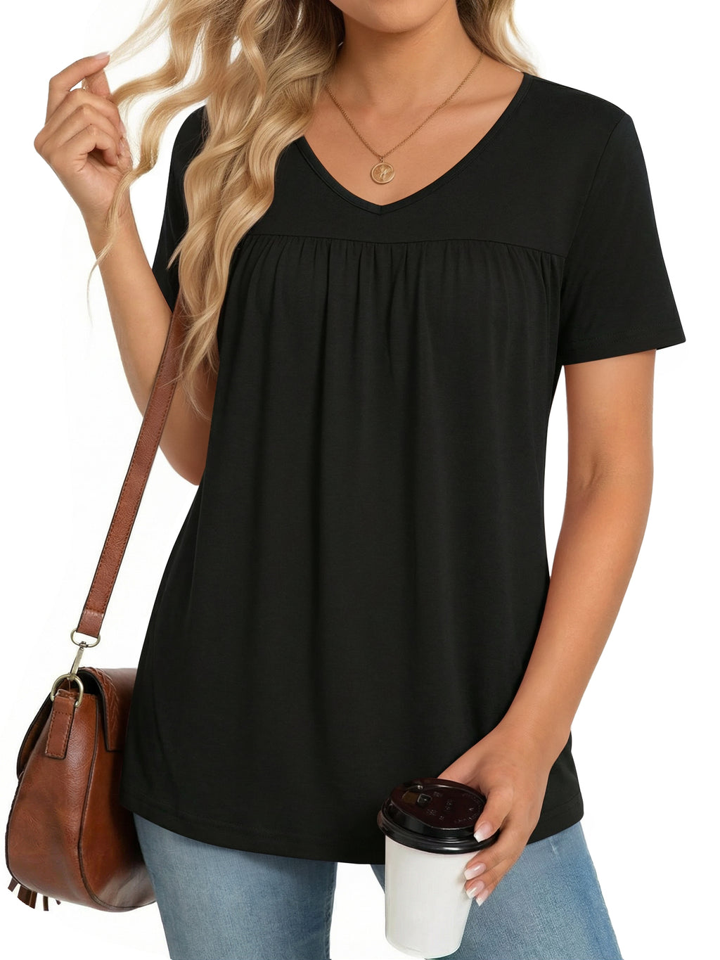 MOYIKO Womens T Shirts Short Sleeve Pleated Peplum Babydoll Summer Tops V Neck Dressy Casual Tunic
