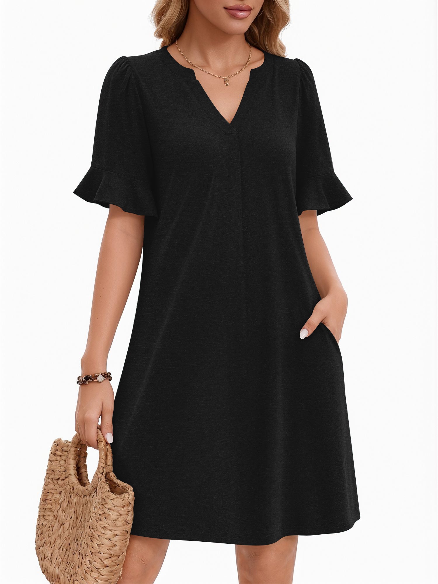 MOYIKO Summer Dresses for Women V Neck Sundress Short Ruffle Sleeve Shift Dress Casual Beach Dress with Pockets