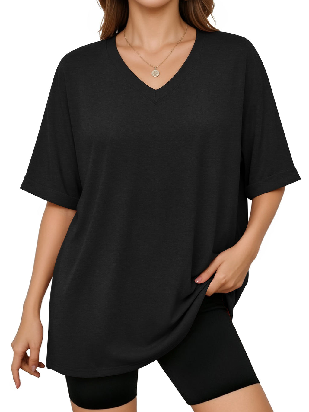 MOYIKO Oversized T shirts for Women V Neck Short Sleeve Loose Tees Summer Casual Basic Tops