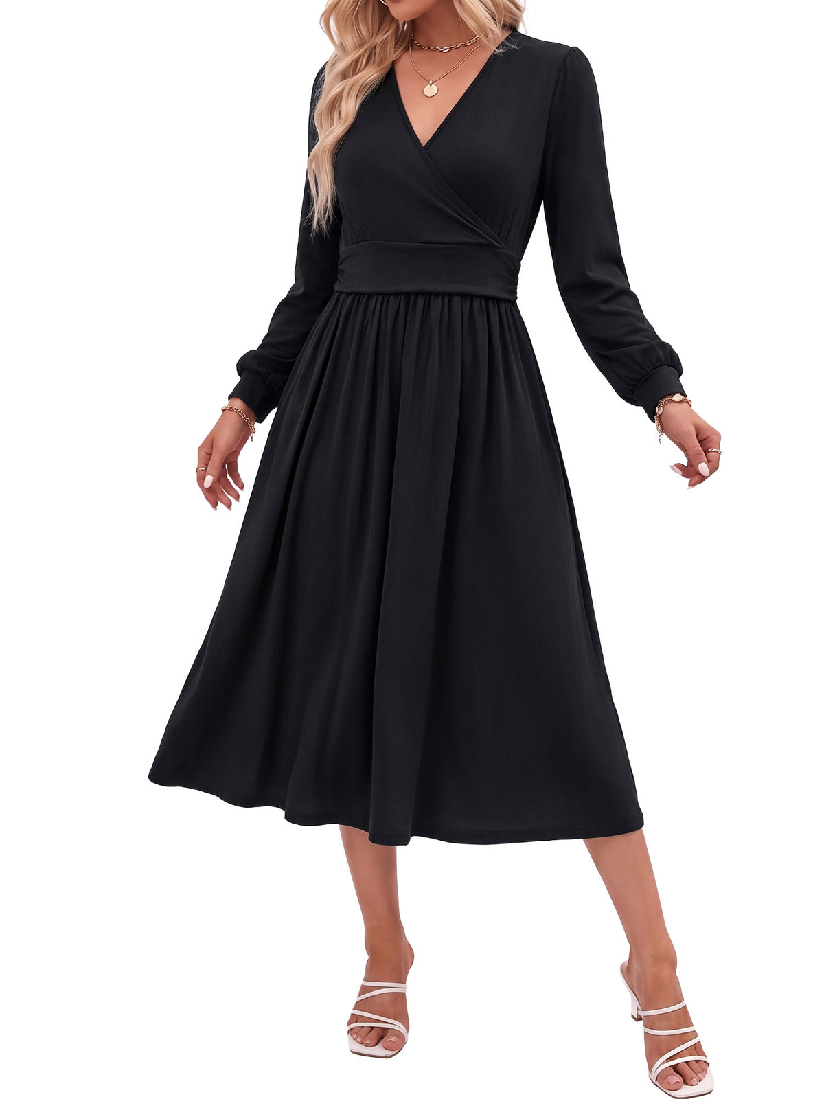 MOYIKO Womens Fall Dresses Long Sleeve Wrap V Neck Midi Dress Casual Dresses with Pockets