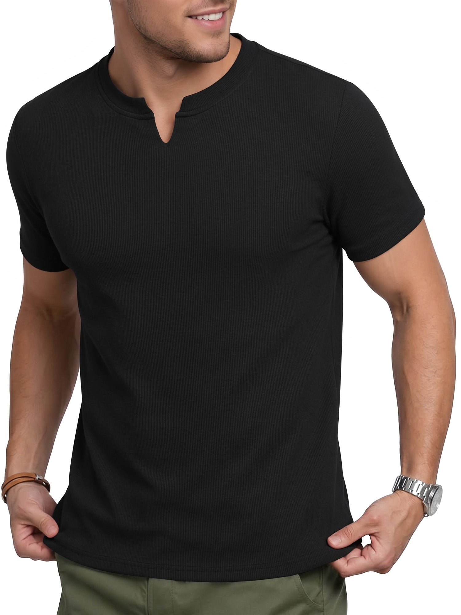 RICHCOIN Mens Muscle Slim T Shirts Texture V Neck Henley Gym Workout Athletic Tee Shirt