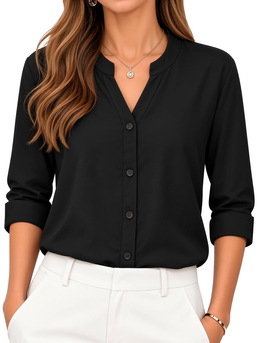 MOYIKO Womens Satin Button Down Shirts Long Sleeve Notched V Neck Dressy Business Office Fall Wear Tops