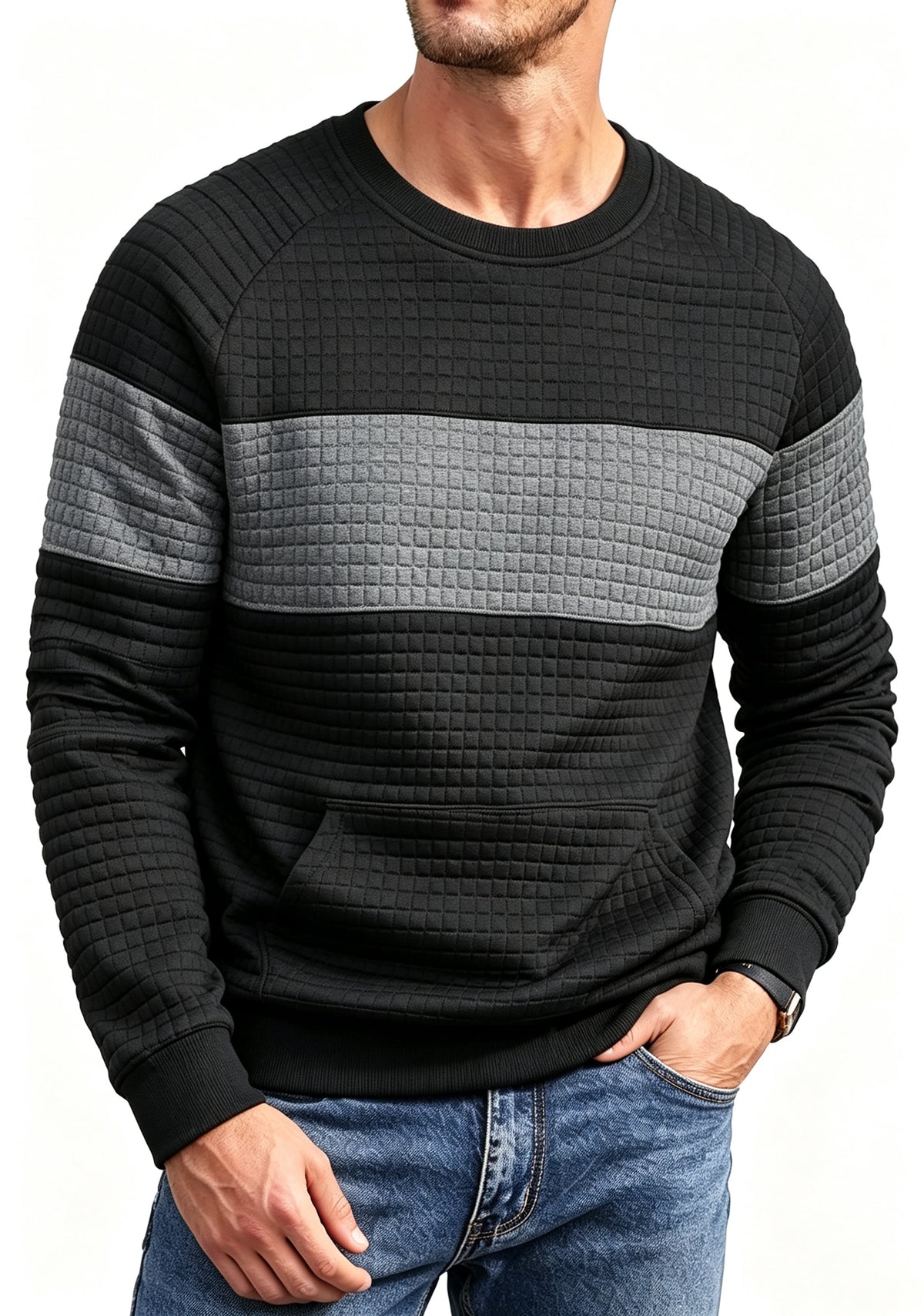 RICHCOIN Sweatshirts for Men Casual Crewneck Long Sleeve Color Block Pullover Waffle Knit Hoodie