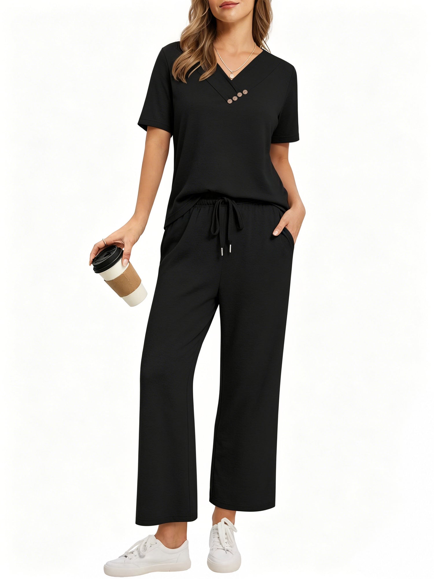 MOYIKO 2 Piece Sets for Women Casual Summer Travel Vacation Outfits Short Sleeve Tops Wide Leg Pants with Pockets Lounge Sets