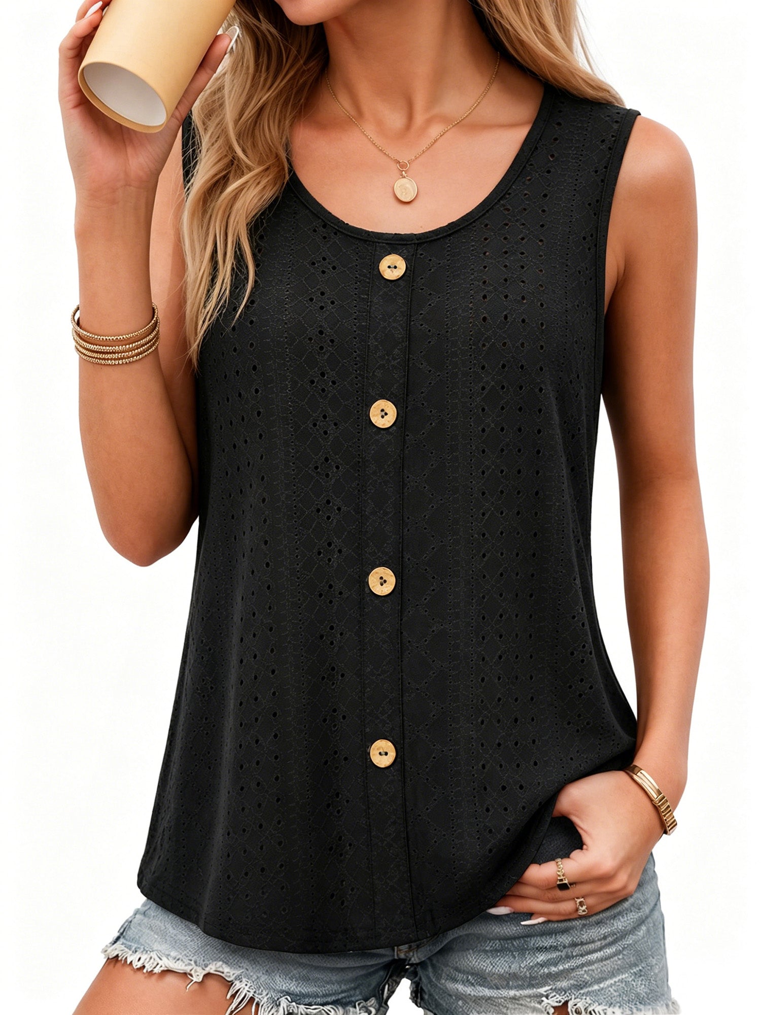 MOYIKO Tank Tops for Women Eyelet Crew Neck Sleeveless Tops Dressy Casual Trendy Flowy Summer Shirts Loose Fit
