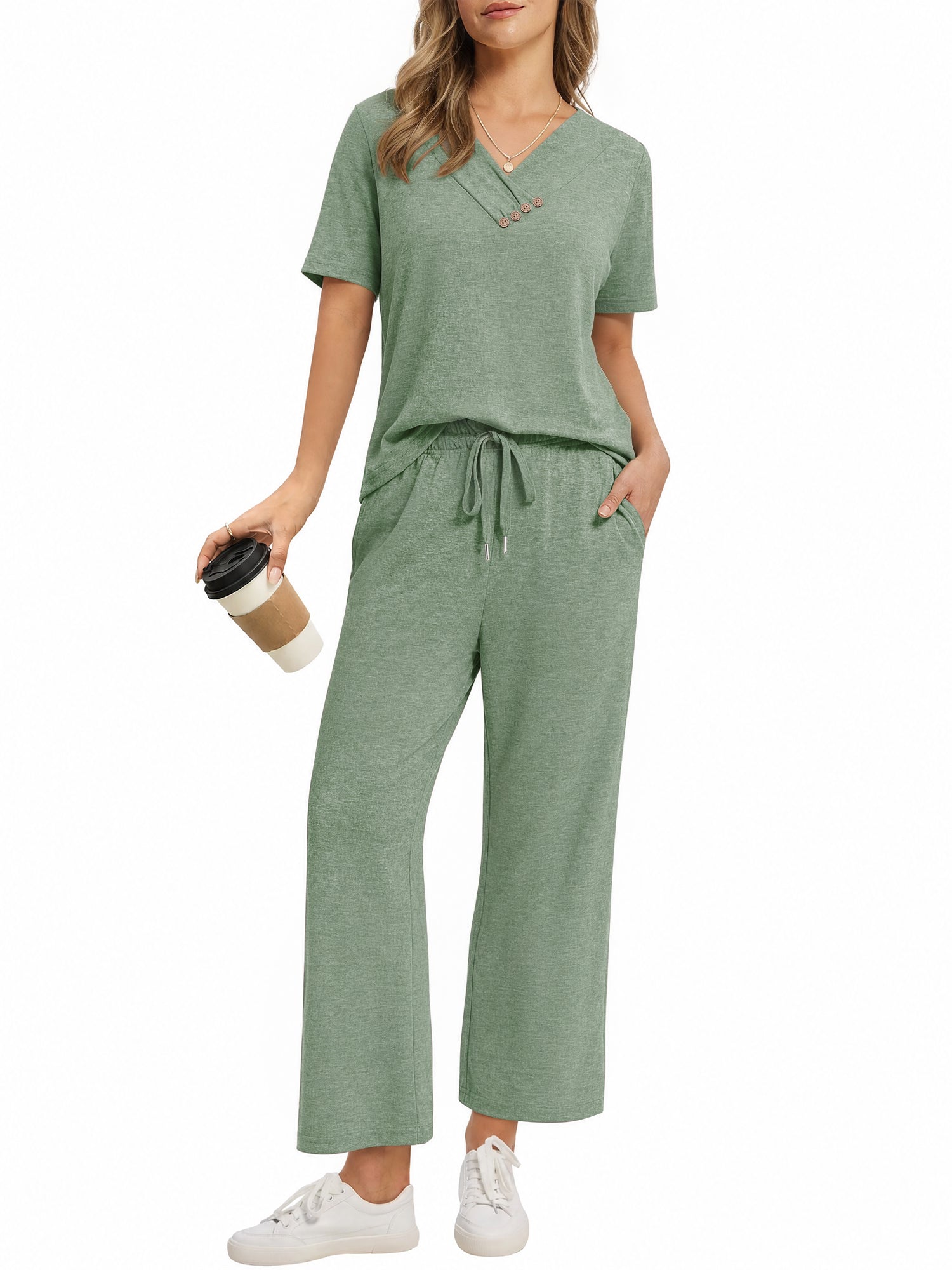 MOYIKO 2 Piece Sets for Women Casual Summer Travel Vacation Outfits Short Sleeve Tops Wide Leg Pants with Pockets Lounge Sets