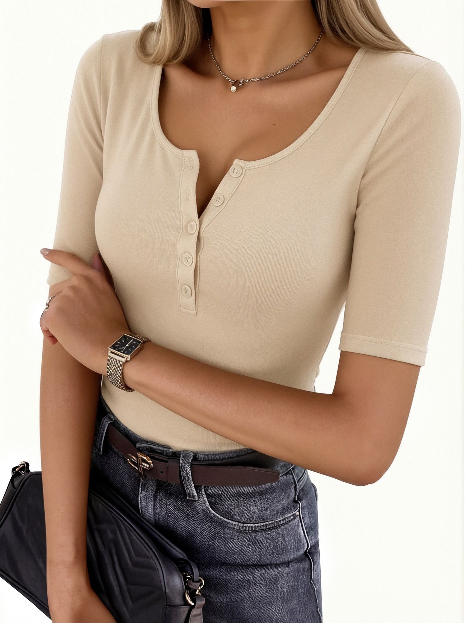 MOYIKO Womens Half Sleeve Summer Tops Henley Button Slim Fit Basic Casual T Shirts Fashion Clothing