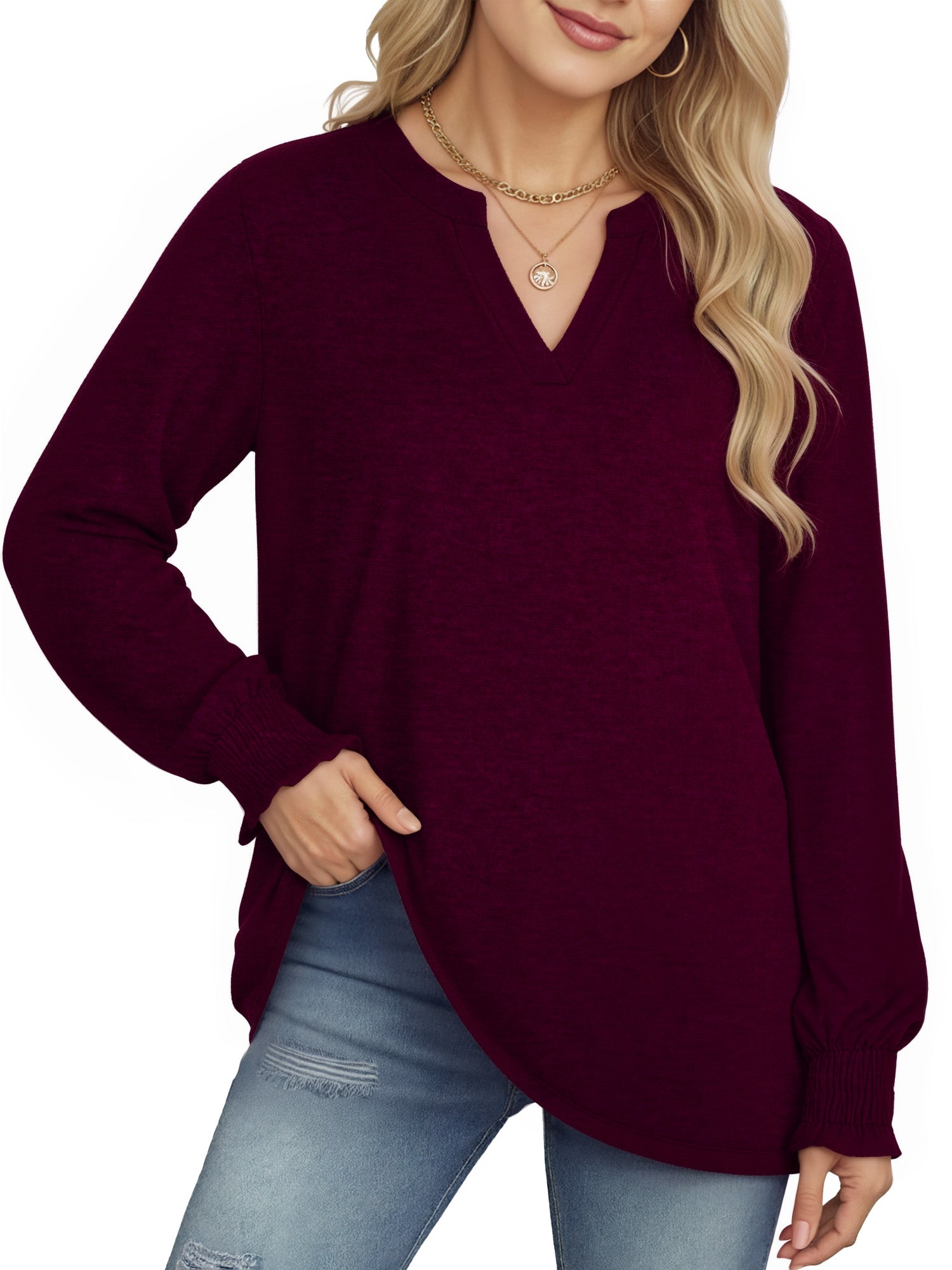 OALUXE Blouses for Women Long Sleeve Shirts V Neck Smocked Cuffs Tunic Tops